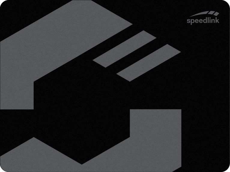 Schwarz-graues Mauspad. Hat ein großes abstraktes Design und das Speedlink-Logo oben rechts.