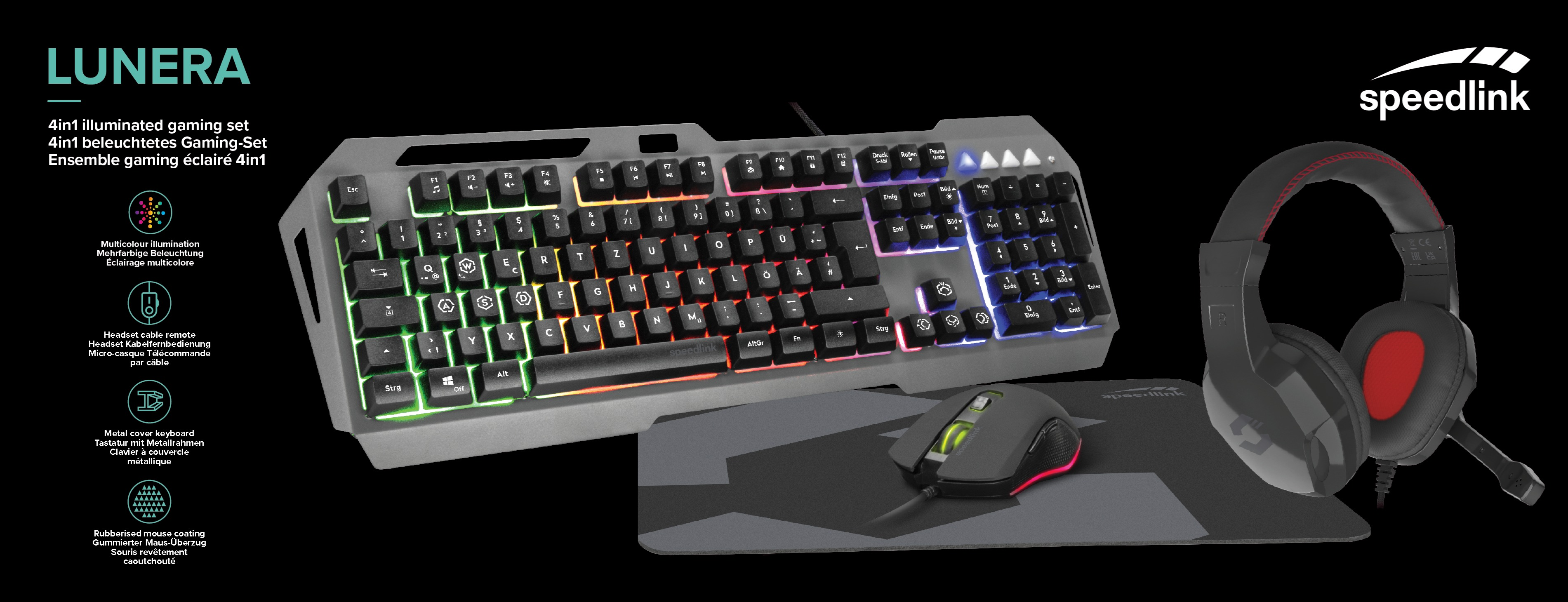 Gaming-Set: Tastatur, Maus und Headset, mit bunten Lichtern und Mauspad.