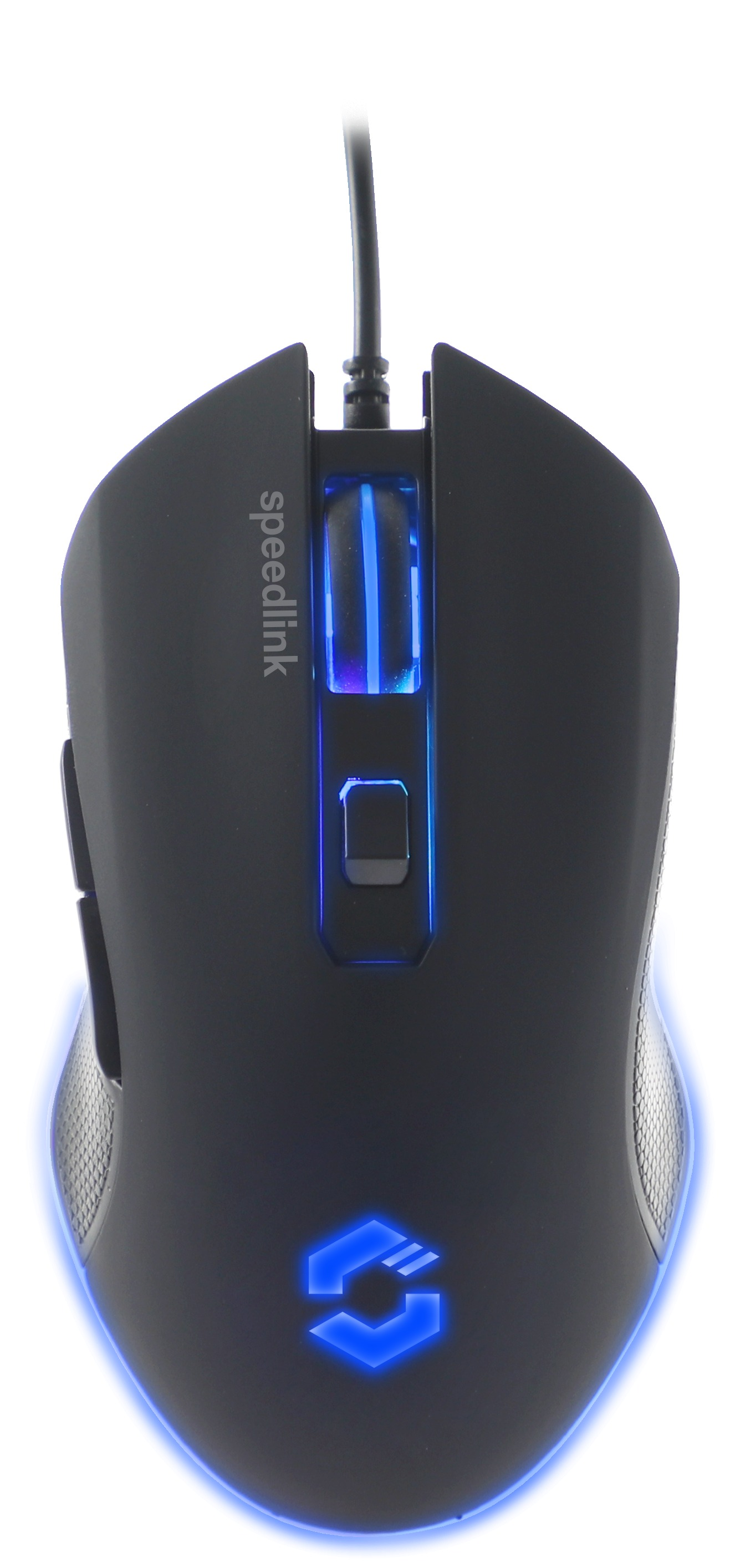 Schwarze und blaue Gaming-Maus mit Kabel, Speedlink-Logo.