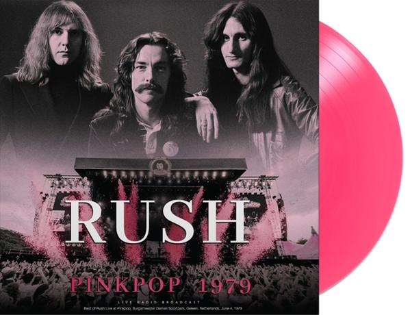 Roze vinylplaat met Rush op de hoes, getiteld 'Pinkpop 1979'.