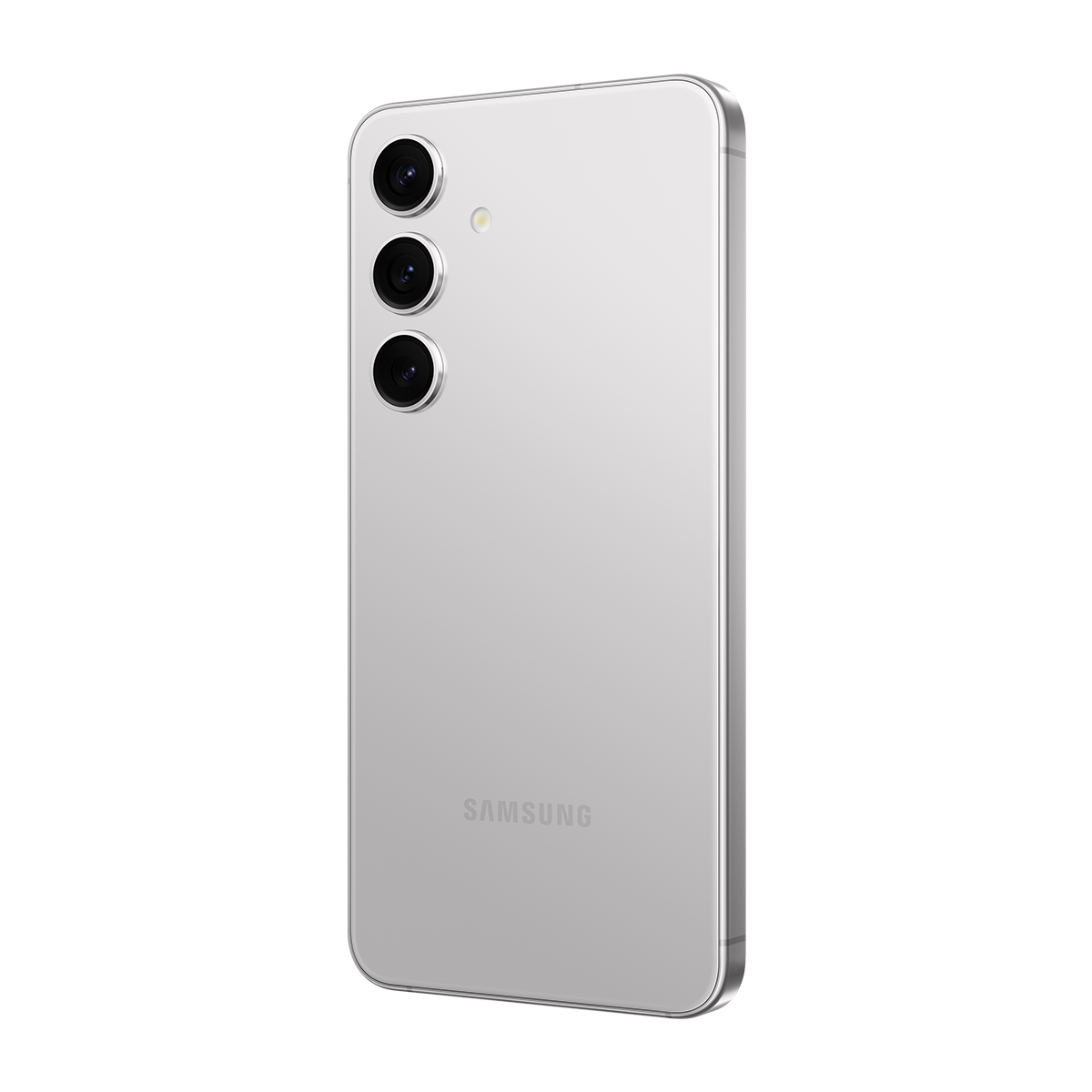Gümüş bir Samsung telefon. Üç kamera görünür. "SAMSUNG" markası arkada gösterilir.