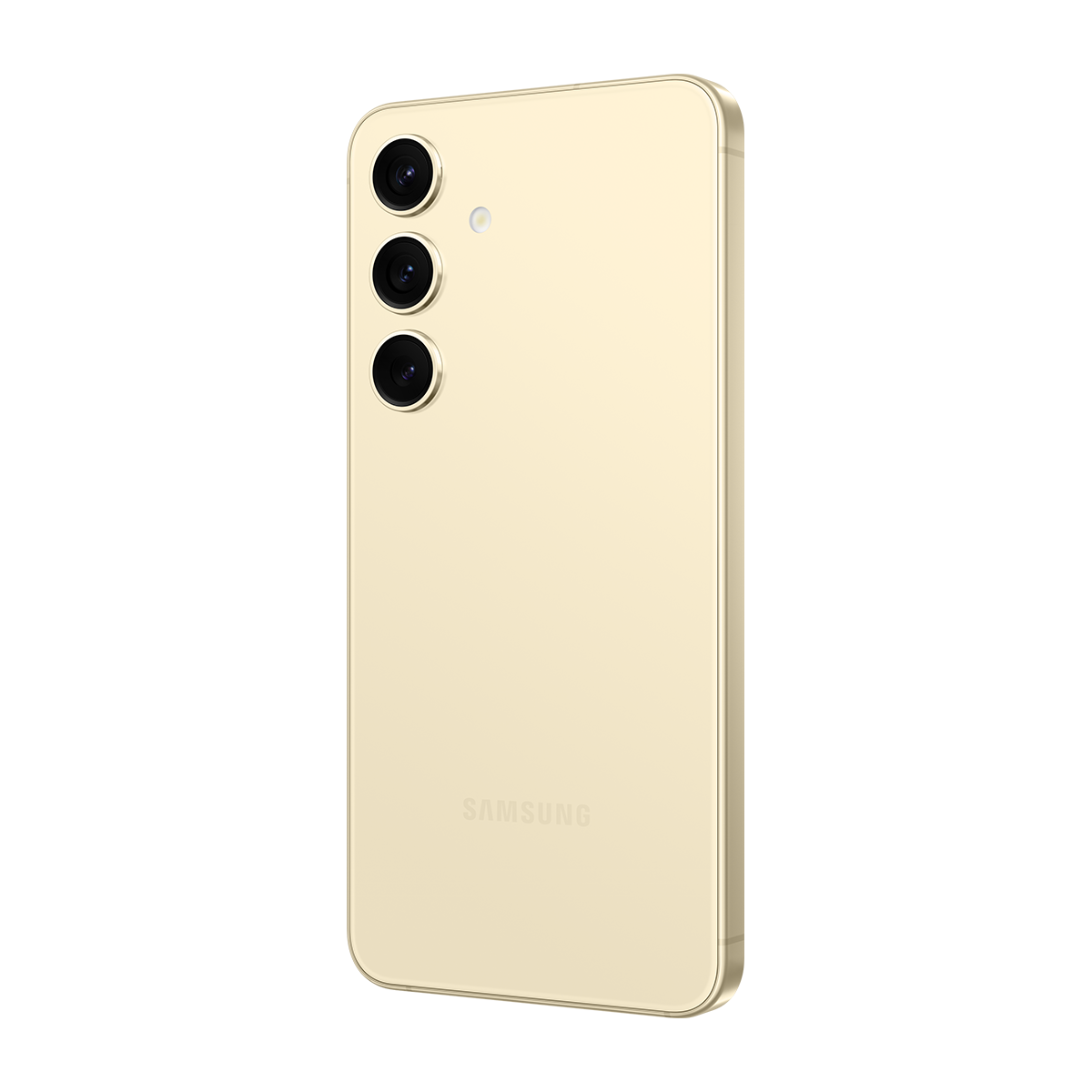 Üç kamera lensi ve Samsung logosu olan altın renkli bir akıllı telefonun arka görünümü.