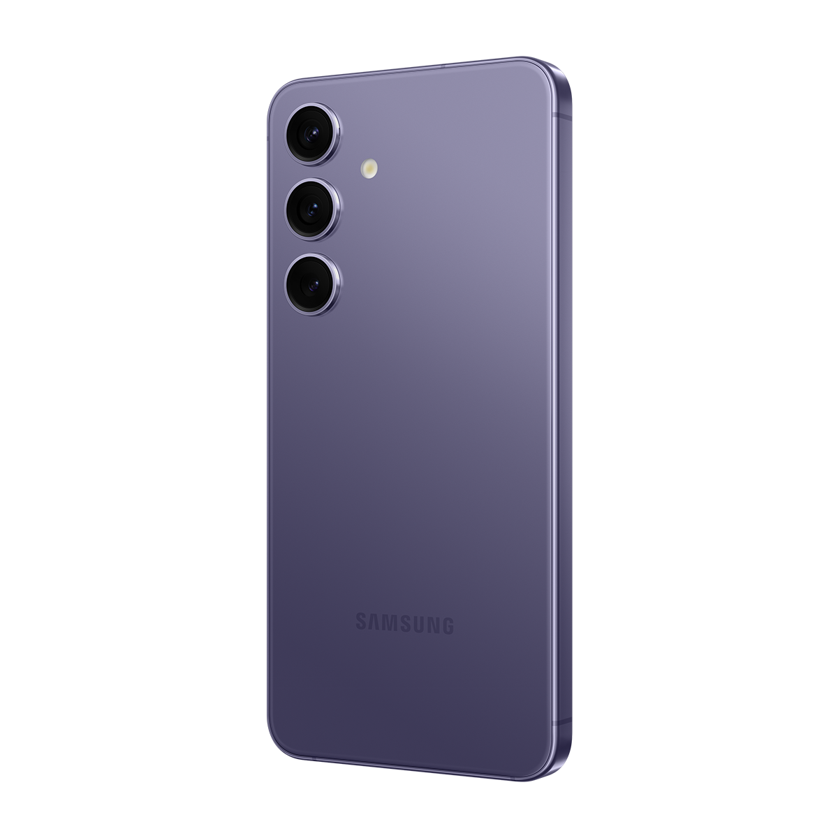 Siyah bir arka plan üzerinde üç arka kamerası ve bir Samsung logosu olan mor bir akıllı telefonun arka görünümü.