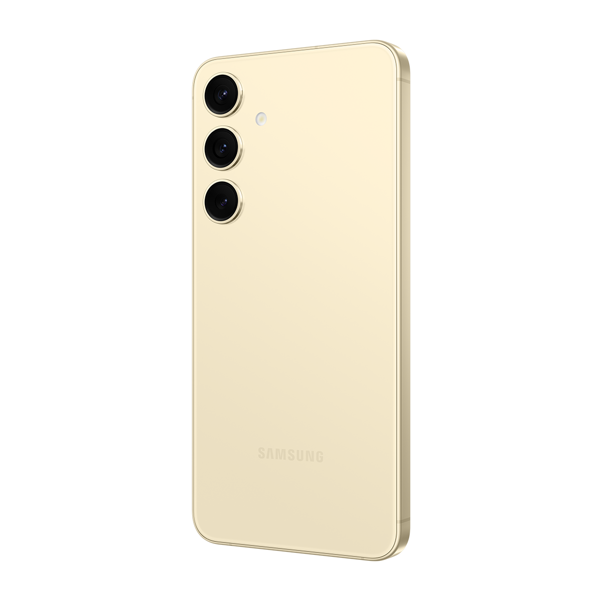 Altın renkli bir akıllı telefon, hafif açılı, üç arka kamerası ve bir Samsung logosu var. Arka plan siyah.