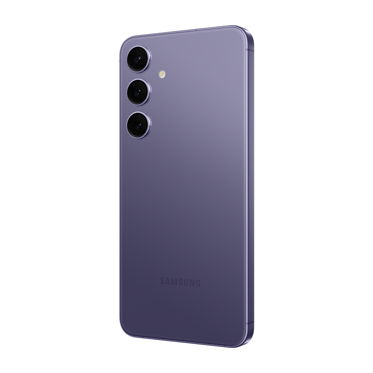 Üç kamera merceğine sahip, arkadan görülen mor bir Samsung telefon. Siyah arka plan.