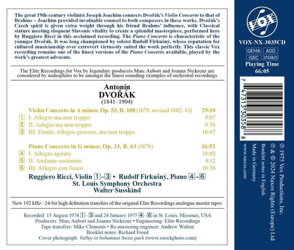 CD-Rückseite mit Dvoraks Konzerten, Details zu Interpreten, Titeln und Laufzeiten.