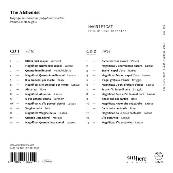 CD-Liste mit Titeln für 'The Alchemist', Magnificat, Philip Cave.