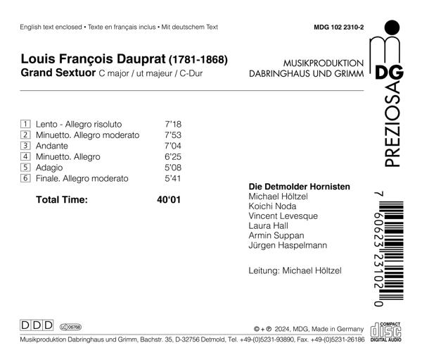 CD-Rückseite mit Werkliste von Dauprats Sextett und Angaben zu den Ausführenden.
