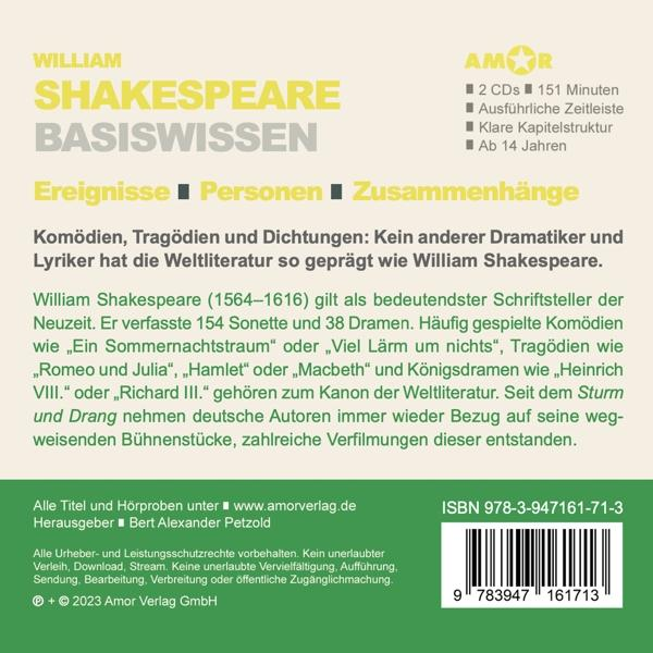 Ein Buchcover mit deutschem Text. Der Titel lautet William Shakespeare Basiswissen.