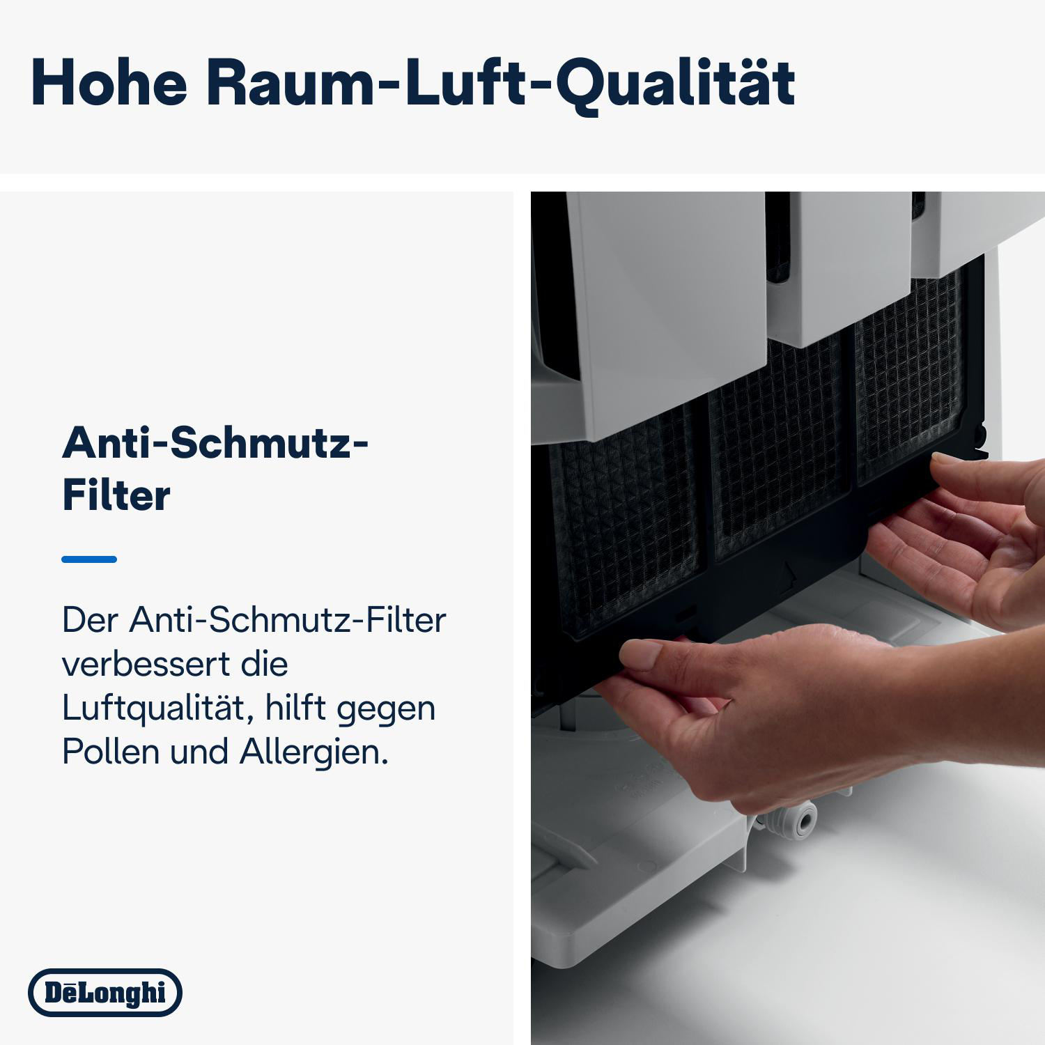 Hände, die einen Luftfilter aus einem weißen Luftreiniger entfernen.