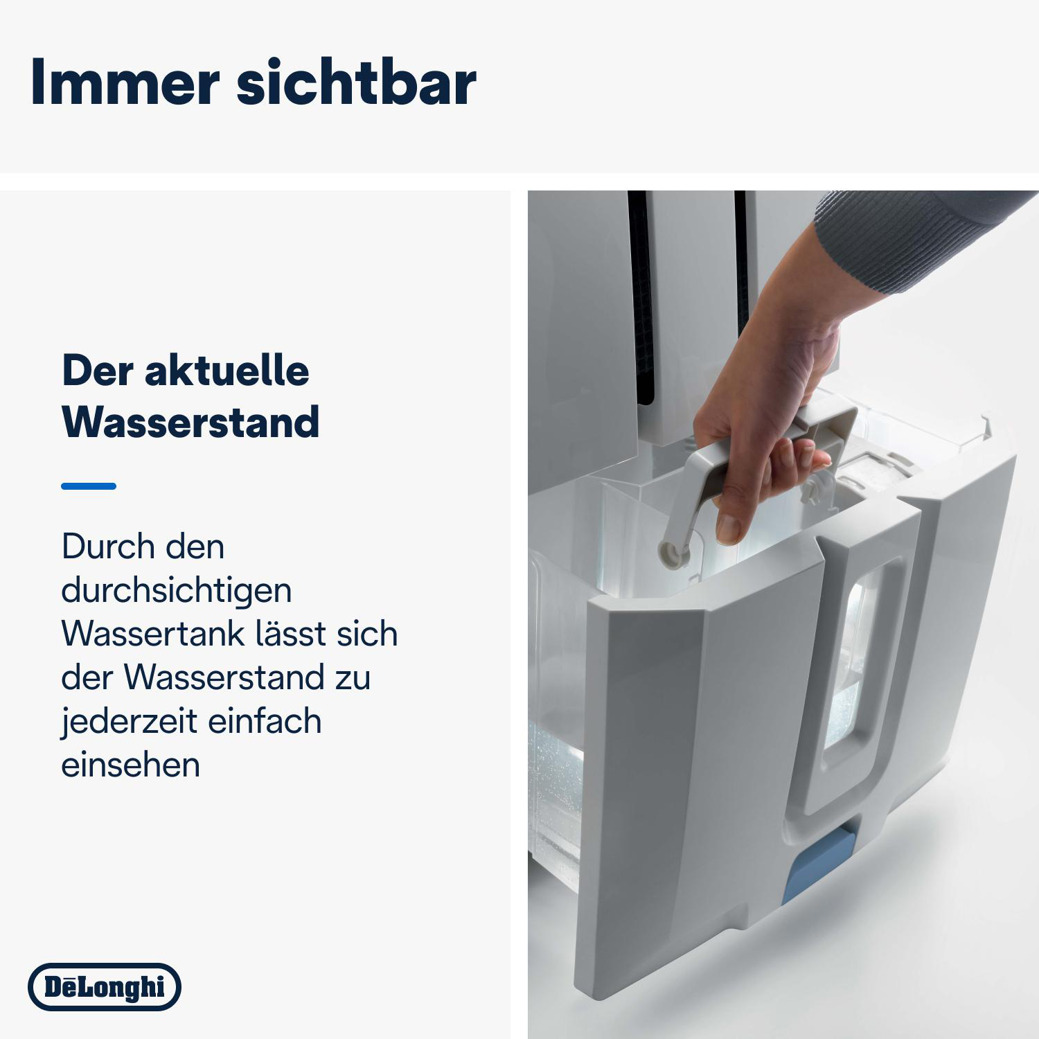 Hand hält Wassertank. Text: Aktueller Wasserstand. Transparenter Tank zeigt den Füllstand.