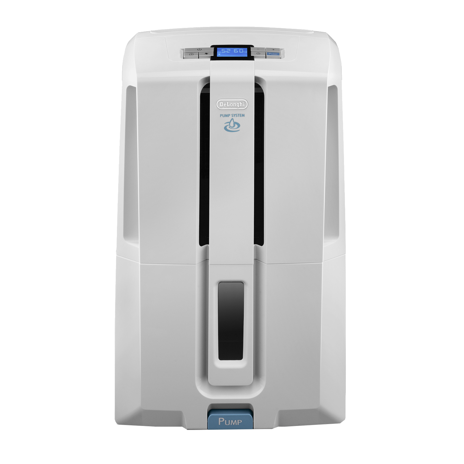 Weißer DeLonghi-Luftkühler. Hat ein digitales Display oben und eine Pumptaste unten.