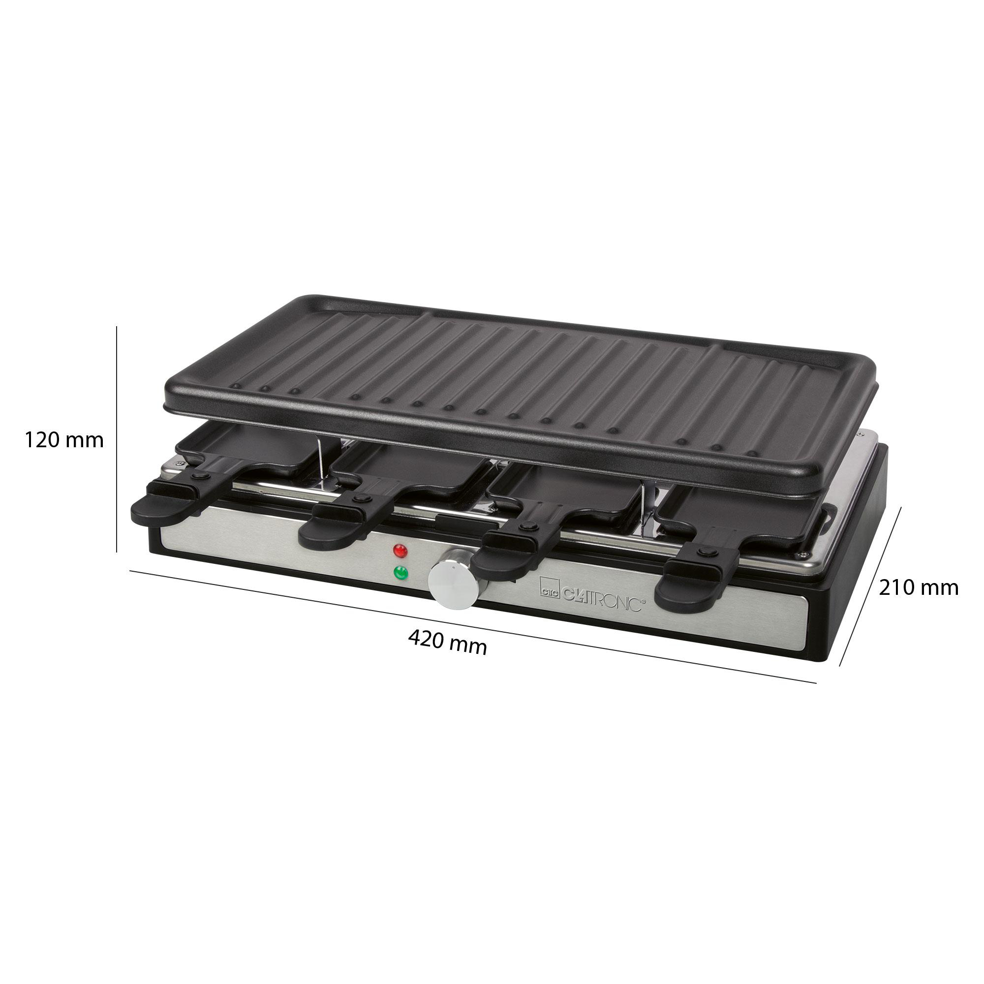Ein schwarzer und silberner Clatronic Raclette-Grill mit Grillplatte und vier Käseschalen. Abmessungen werden angezeigt.