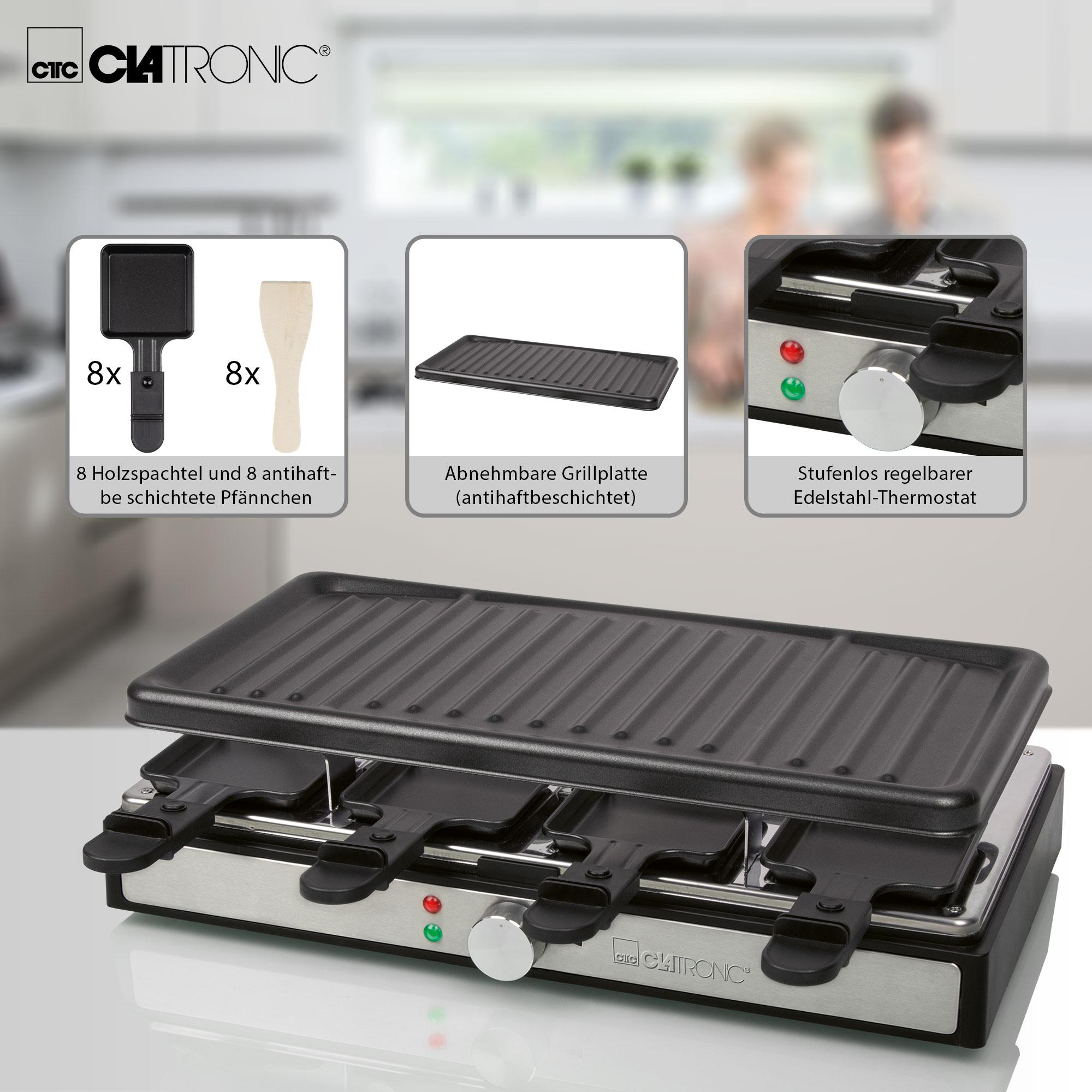 Raclette-Grill mit Grillplatte, kleinen Pfannen, Holzspateln und Edelstahl-Thermostat. Enthält Markeninformationen.