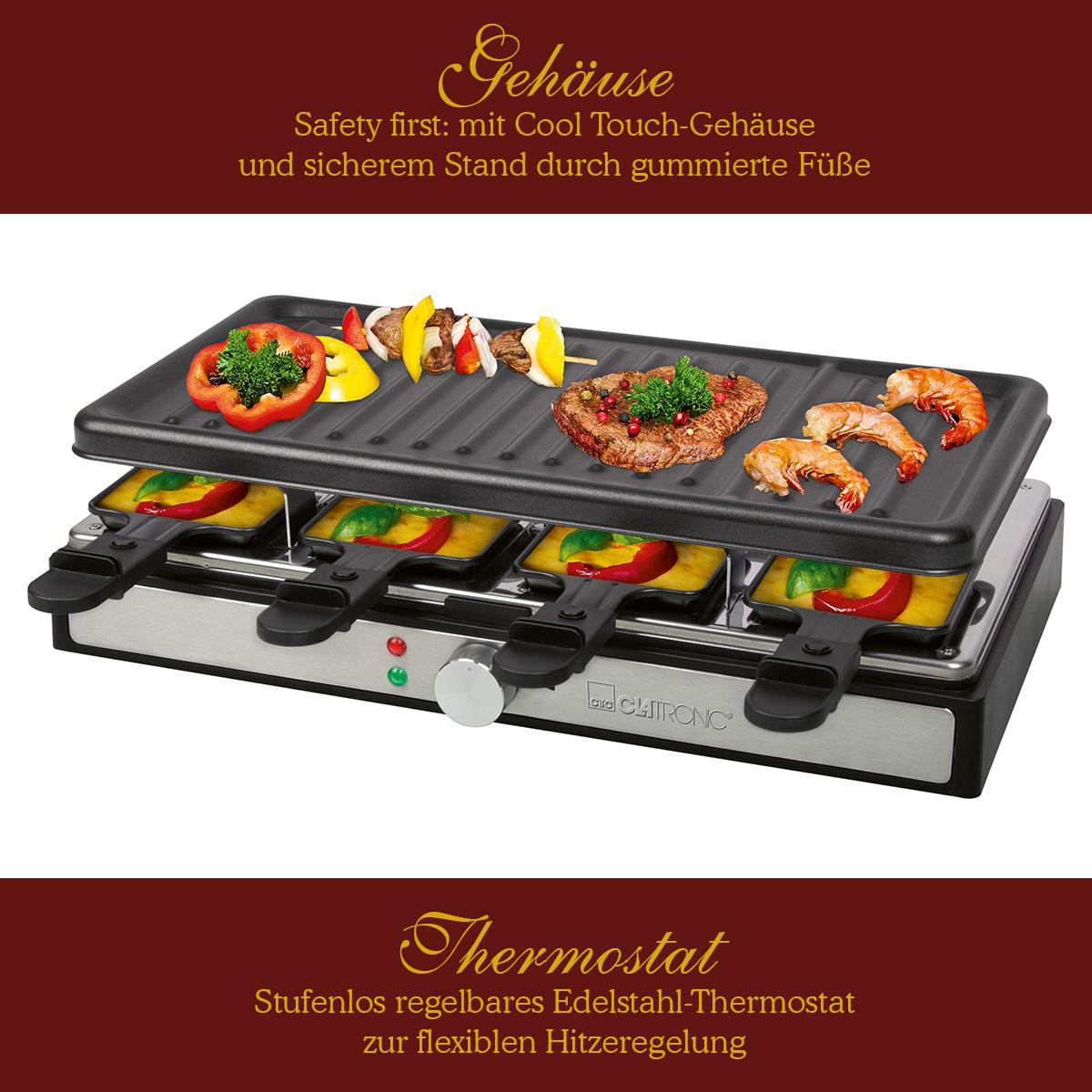 Raclette-Grill mit verschiedenen Speisen oben und Käse in den unteren Schalen. Text über Sicherheit und Thermostat sichtbar.