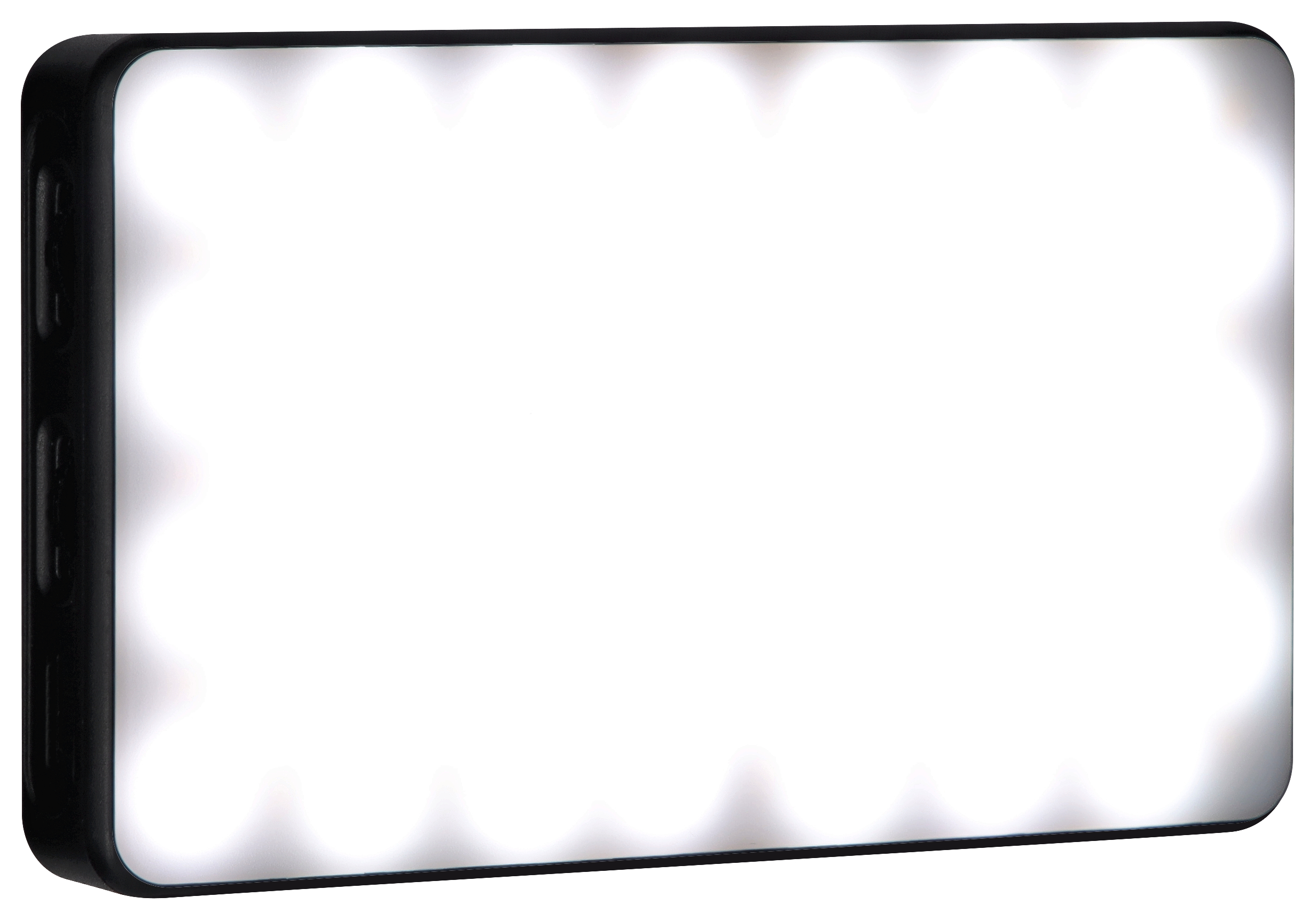 Ein rechteckiges LED-Lichtpanel, schwarzer Rahmen, das hellweißes Licht aussendet; das Panel ist eingeschaltet.