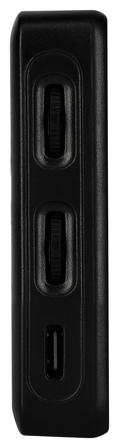 Ein kleines schwarzes Gerät mit Drehreglern und einem Eingang, wahrscheinlich eine Powerbank. Der Hintergrund ist weiß.