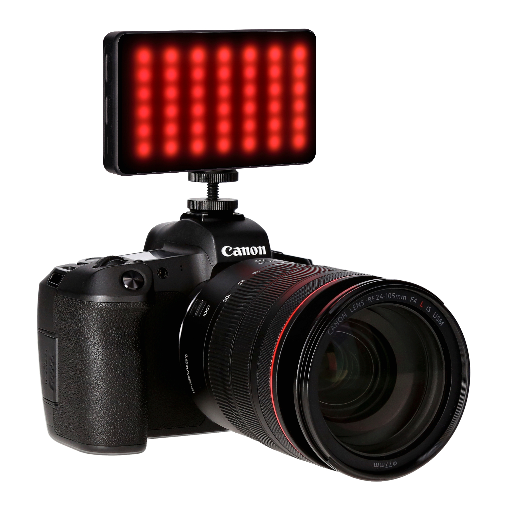 Eine Kamera mit einem roten Licht befestigt. Das Kameraobjektiv ist prominent.