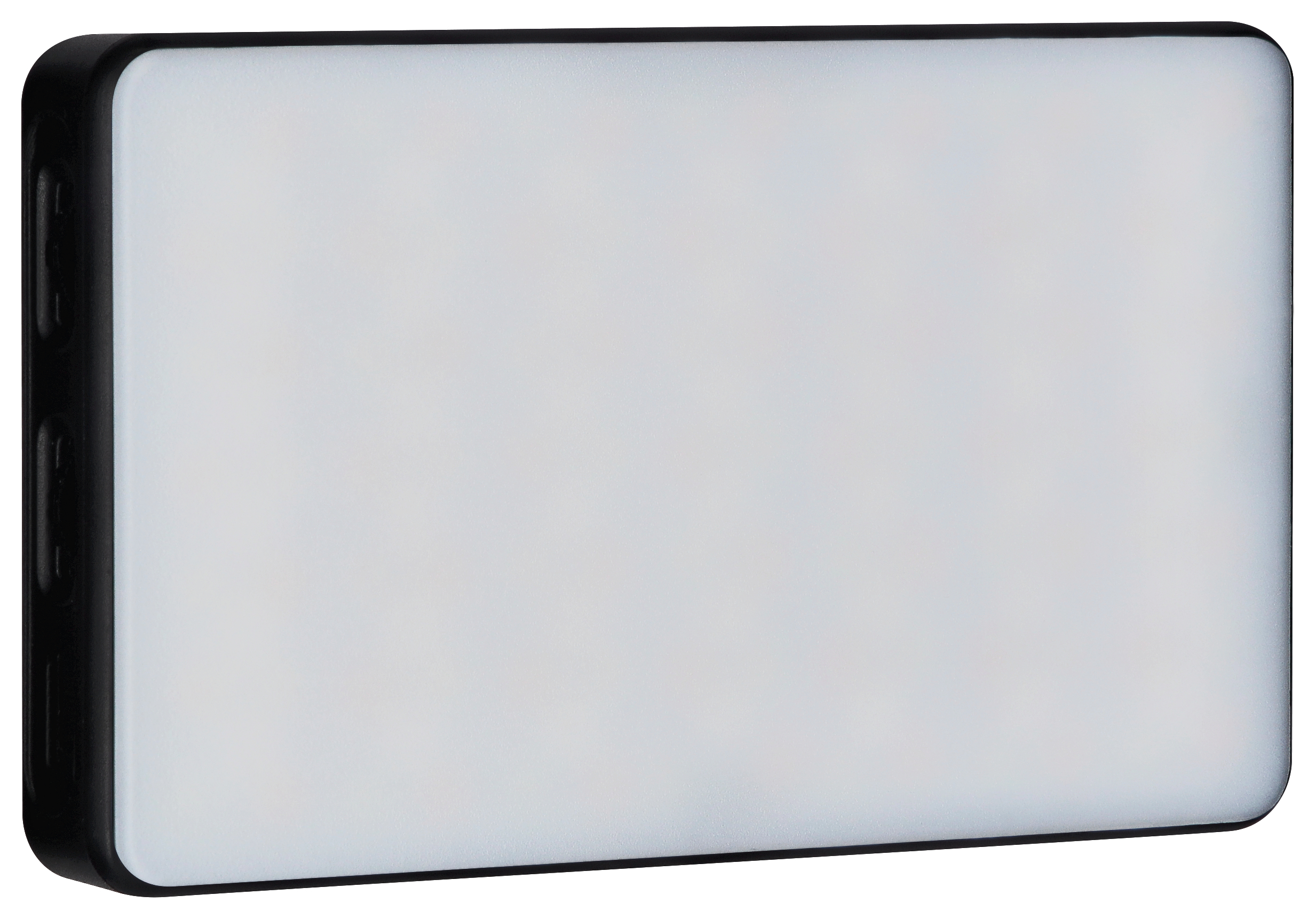 Rechteckiges schwarzes LED-Lichtpanel mit weißer leuchtender Oberfläche. Die Seiten haben Ladeanschlüsse.