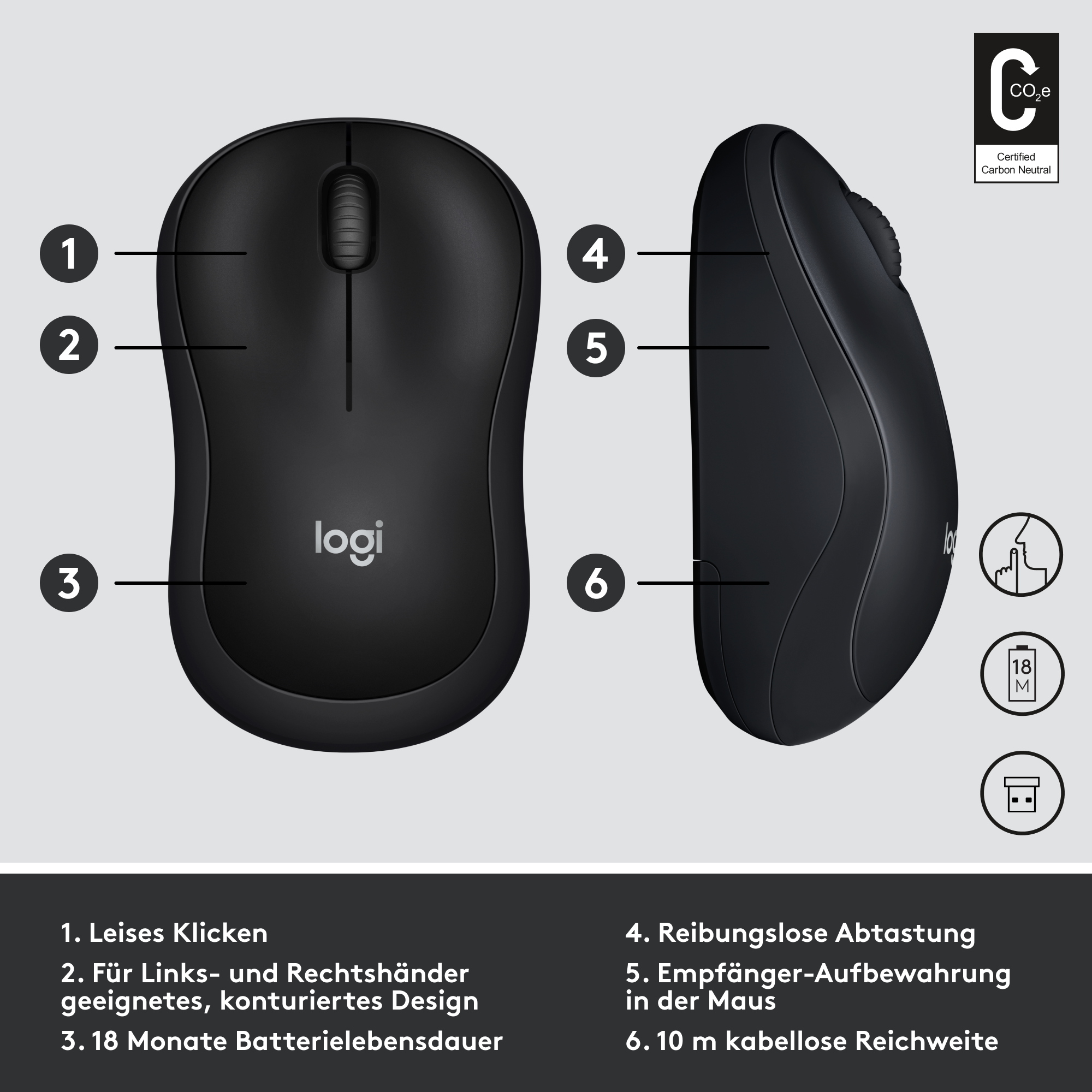 Schwarze Computermaus mit weißen Beschriftungen und Zahlen. Text sagt 'logi'.
