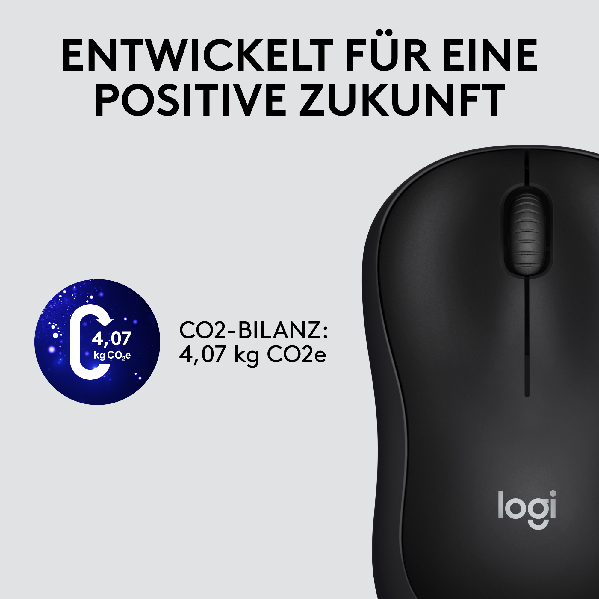 Schwarze Logitech-Maus und ein Text über den CO2-Fußabdruck.