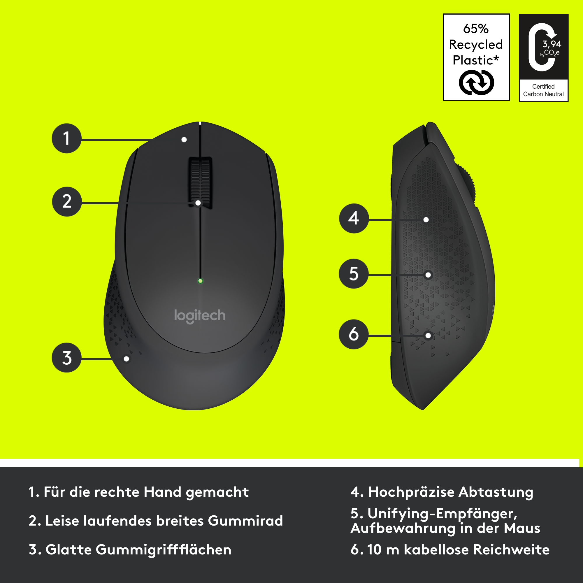 Draufsicht auf eine schwarze Logitech-Maus mit Tasten und Scrollrad.
