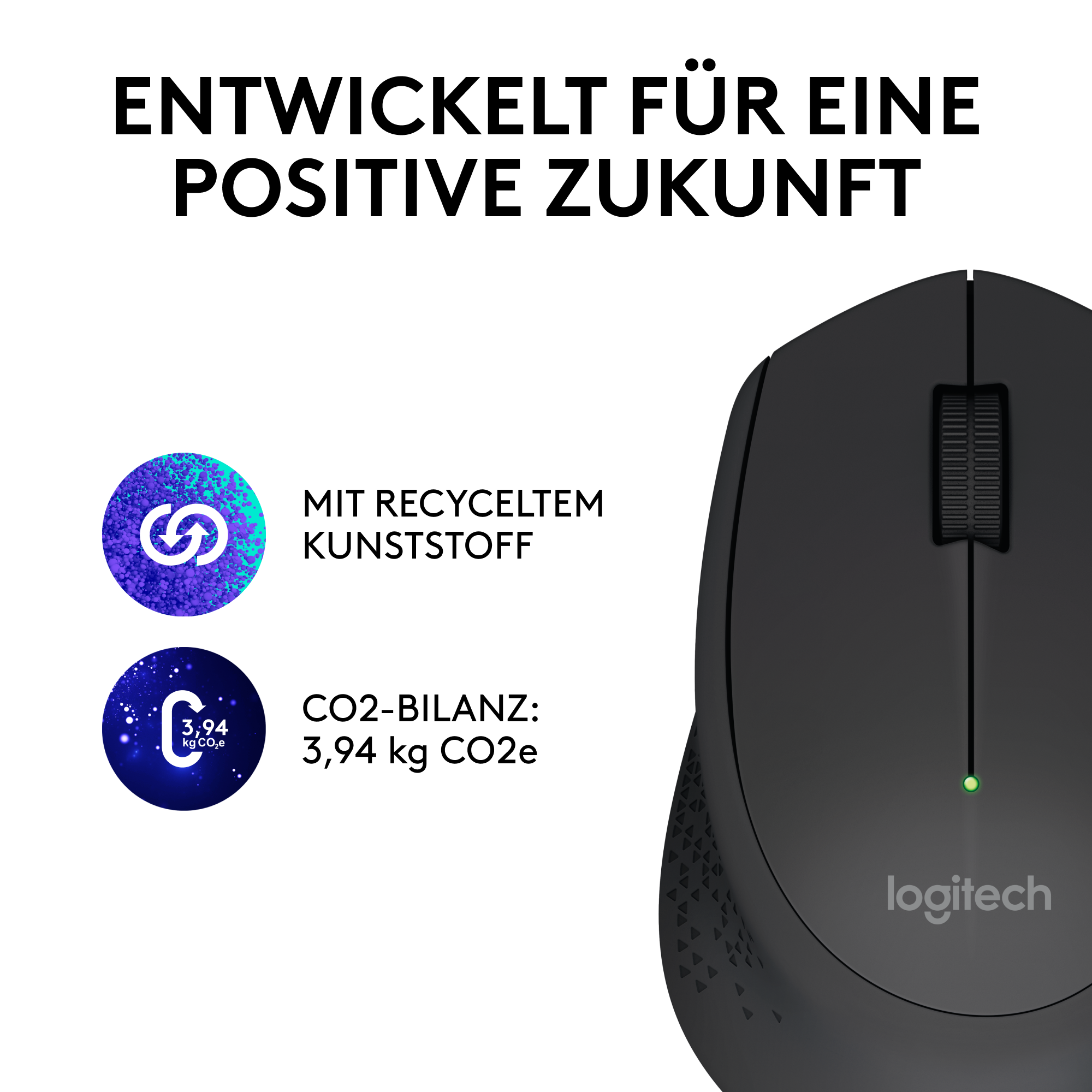 Schwarze Computermaus mit Logos und Text über recycelten Kunststoff und CO2-Emissionen.