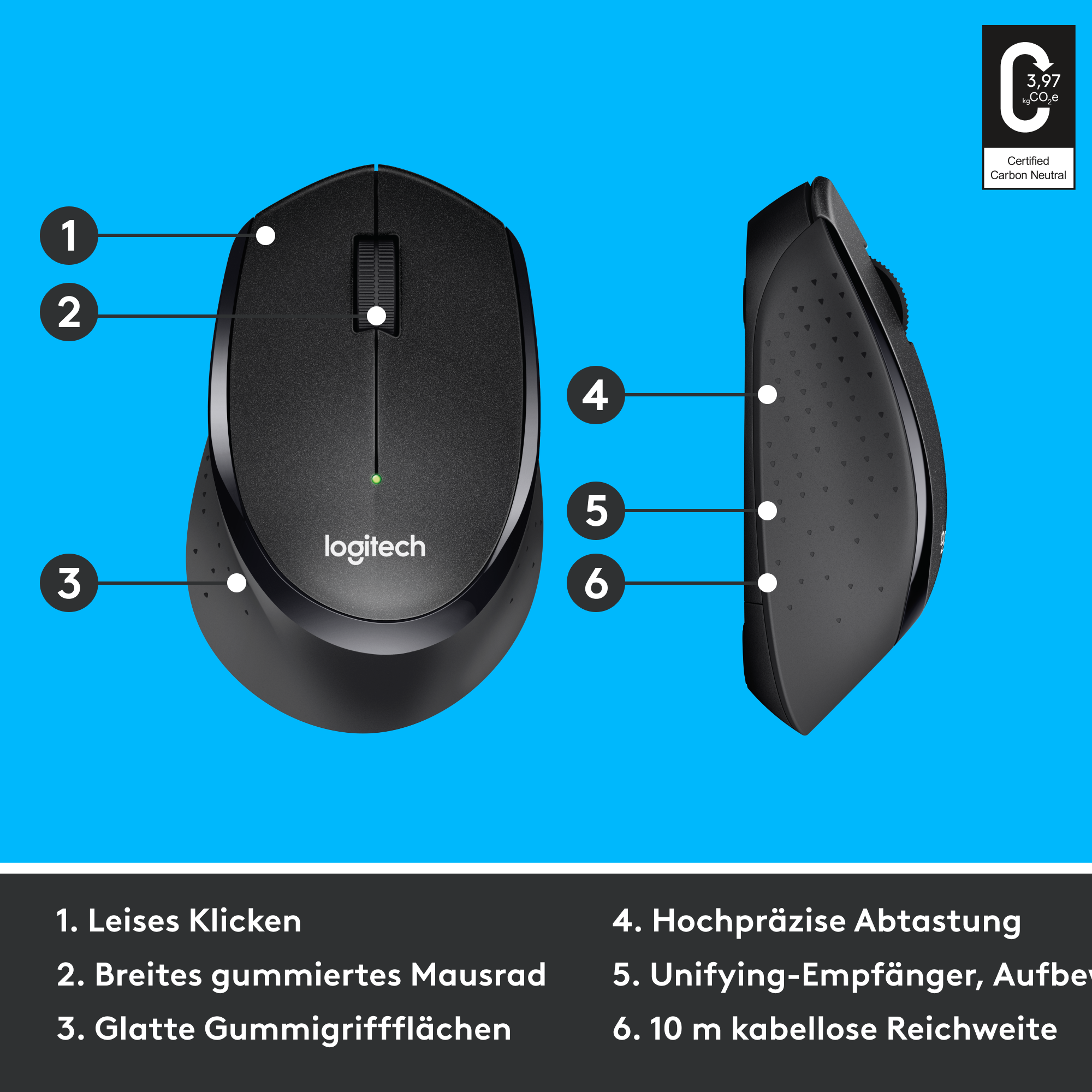 Schwarze Logitech-Maus mit nummerierten Funktionen.