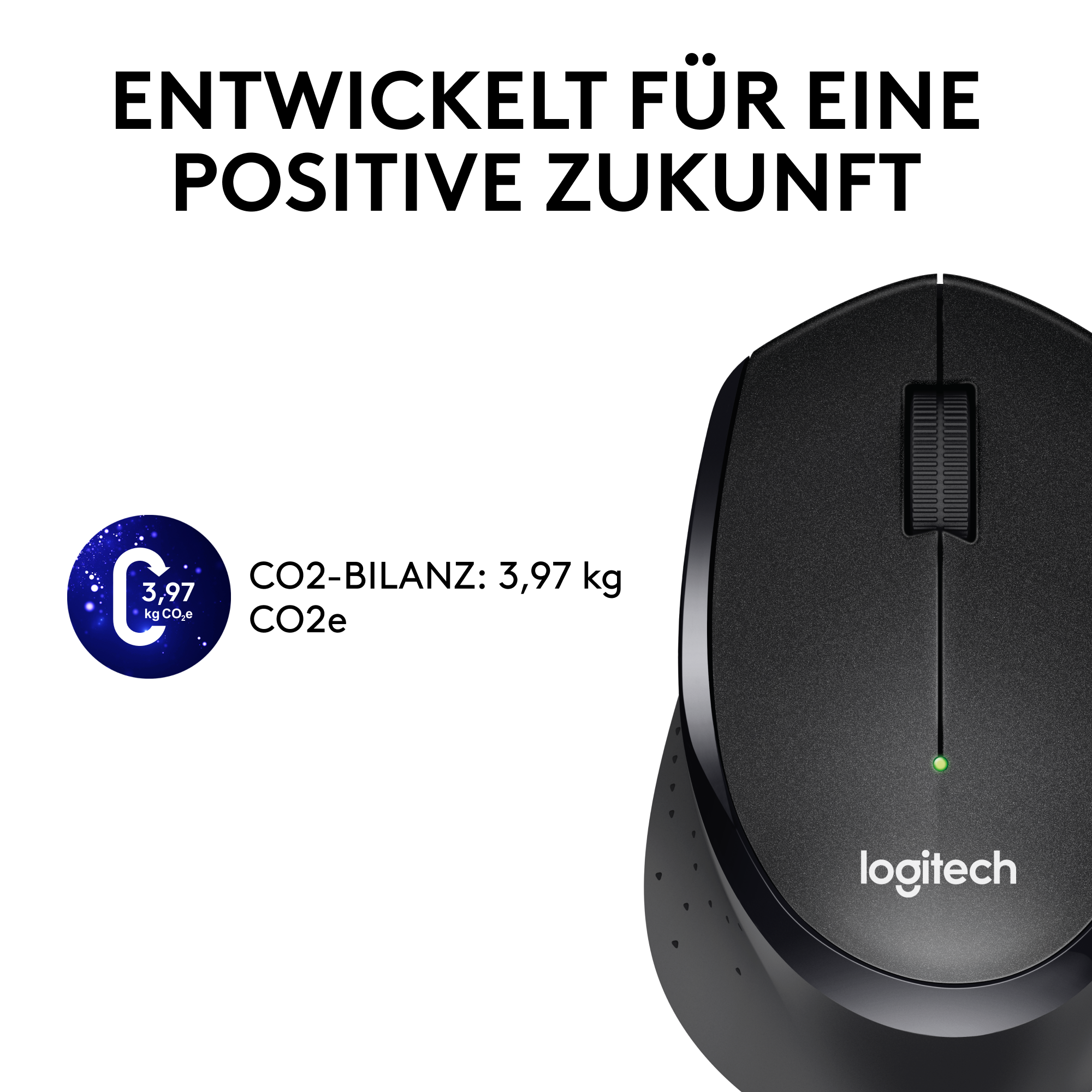 Eine schwarze kabellose Maus mit dem Logitech-Logo und Text über CO2-Emissionen.