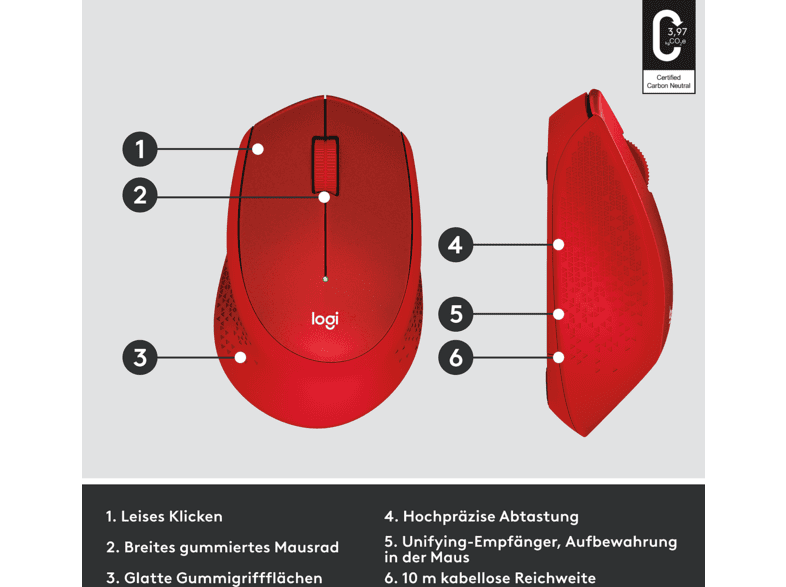 LOGITECH M330 Silent Plus Kabellose Maus, USB-Empfänger, Rot — Foto 5 von 5