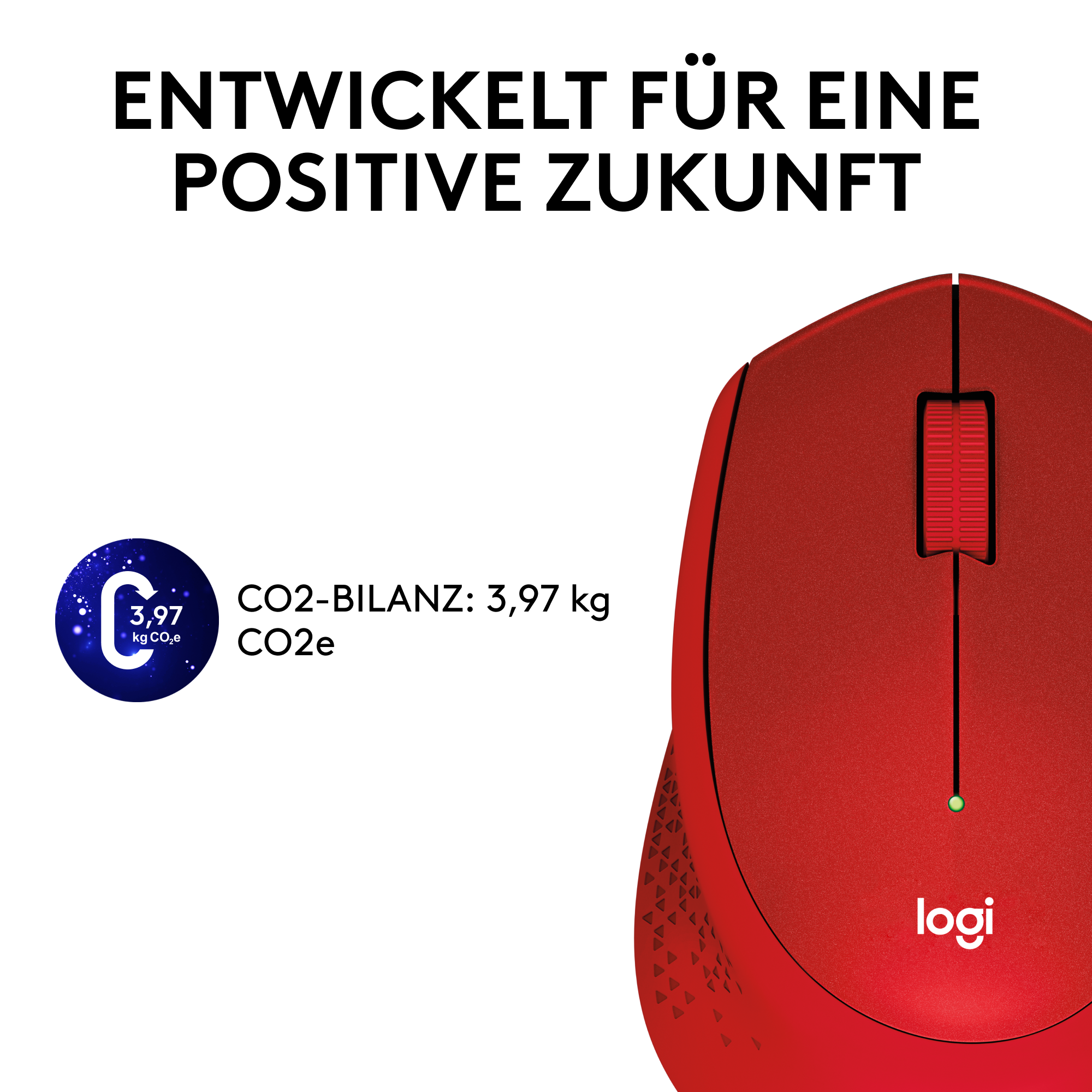 Rote Logitech-Maus mit Text und einer CO2-Emissionsgrafik auf weißem Hintergrund.