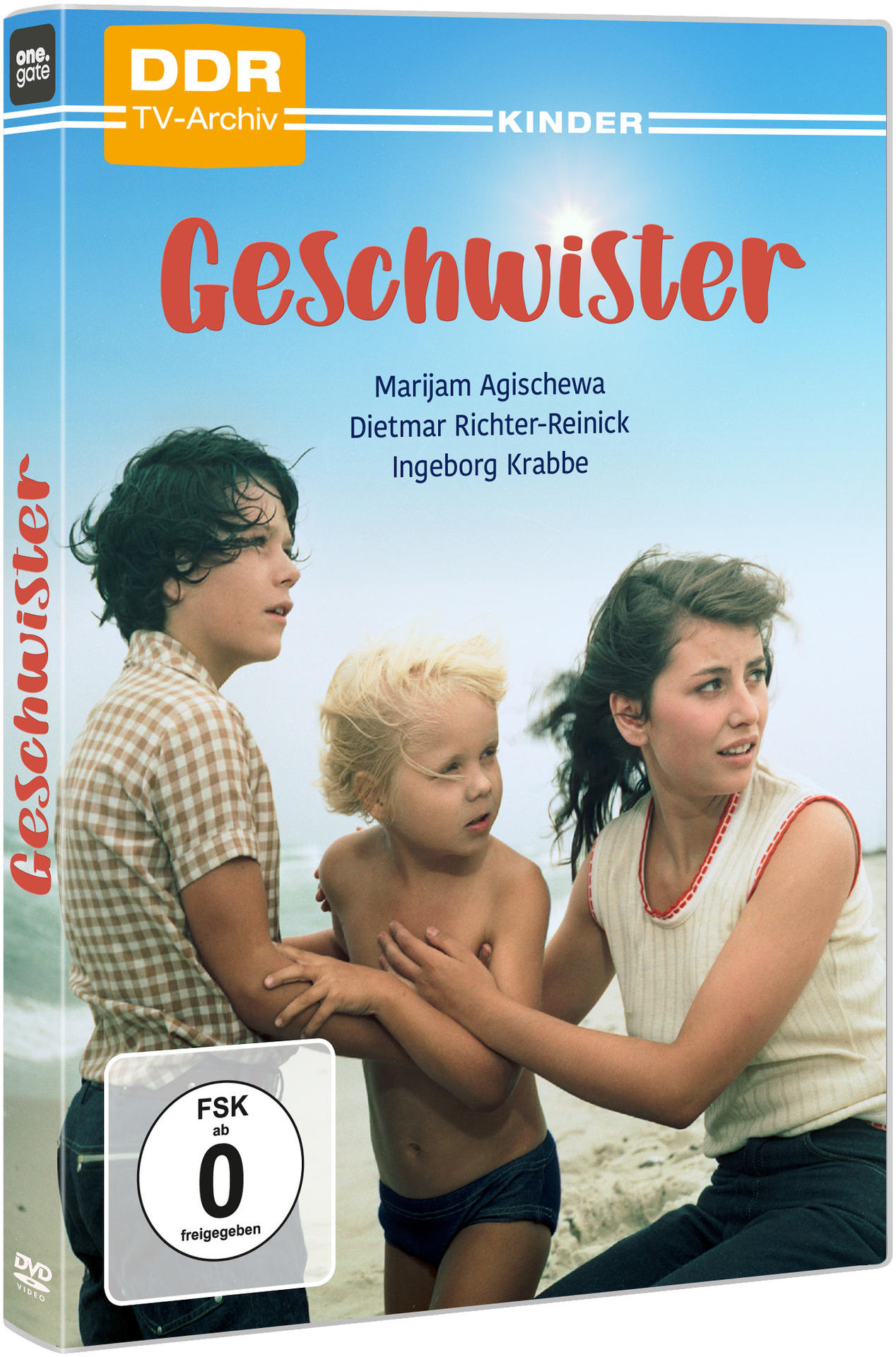 Filmplakat mit drei Kindern am Strand. Der Titel lautet 'Geschwister'.