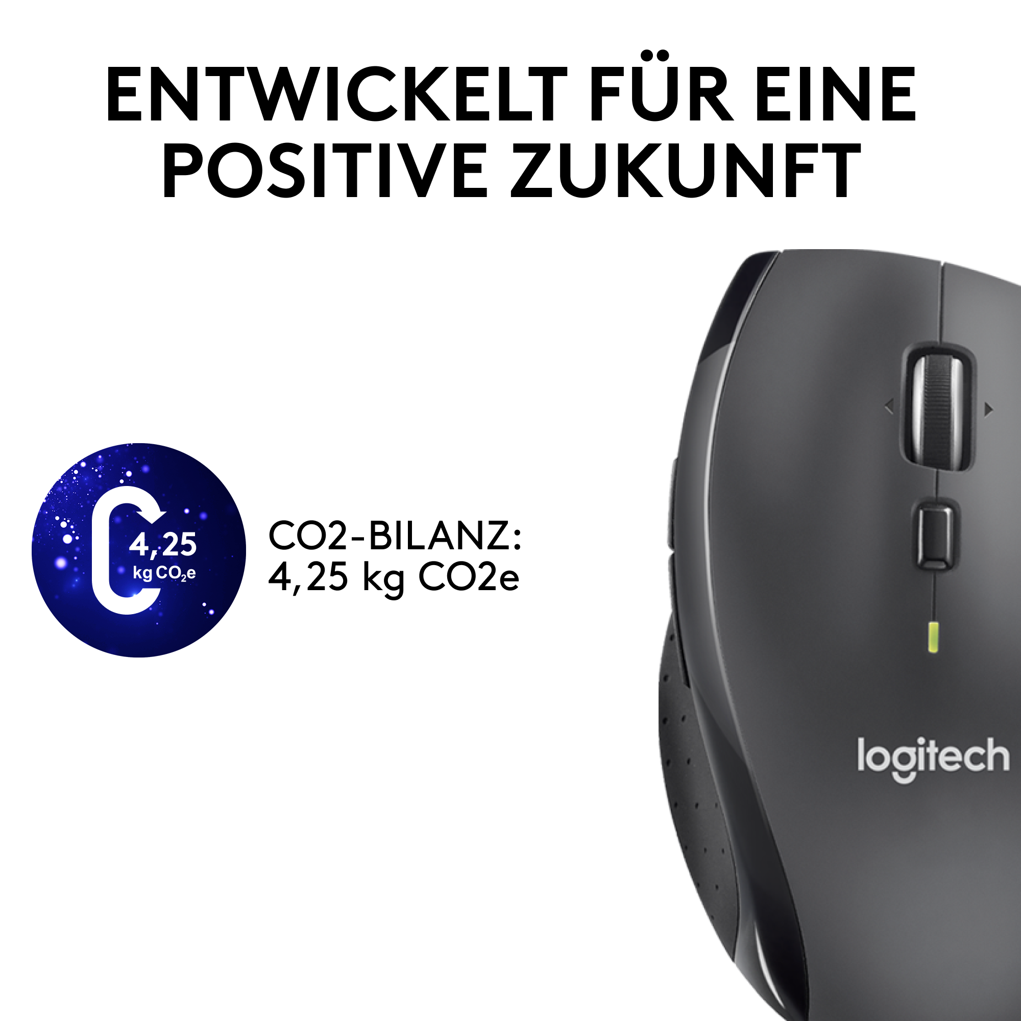 Schwarze Logitech-Maus mit Logo und einer Illustration zum CO2-Gleichgewicht.