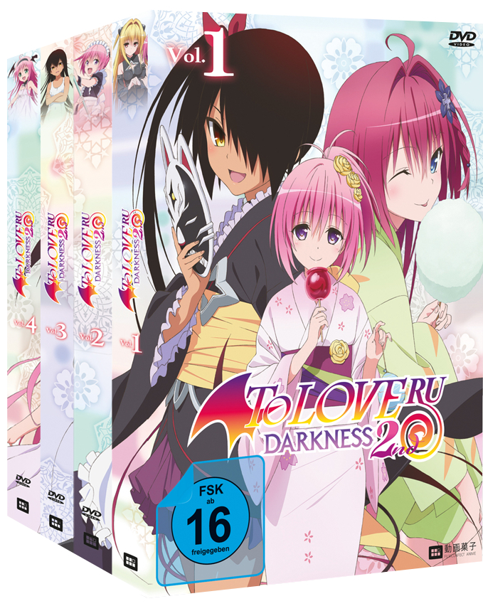 To Love Ru Darkness 2nd DVD-Set. Anime-Charaktere auf dem Cover, mit verschiedenen bunten Bildern.