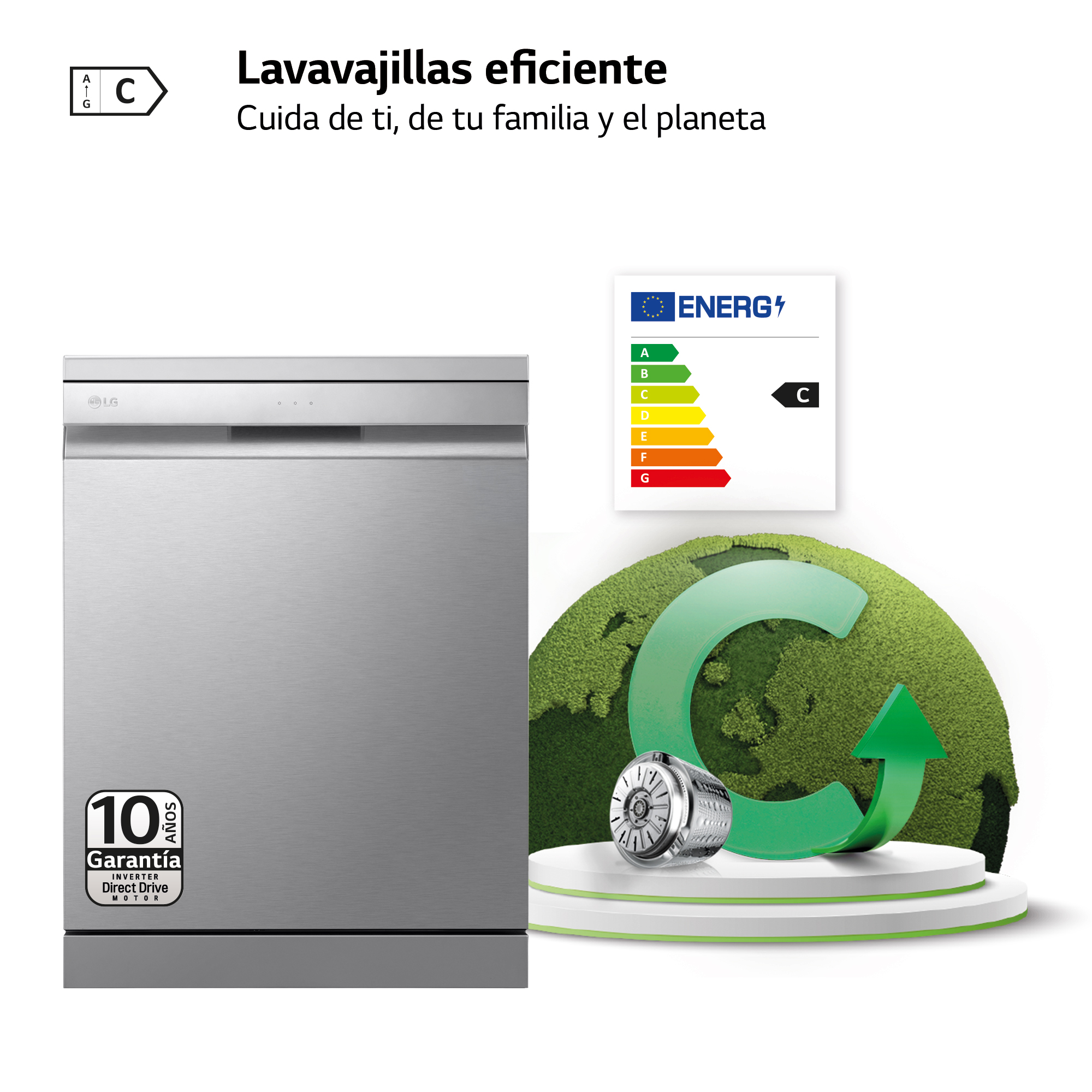 Lavavajillas plateado con etiquetas energéticas y gráficos de reciclaje.