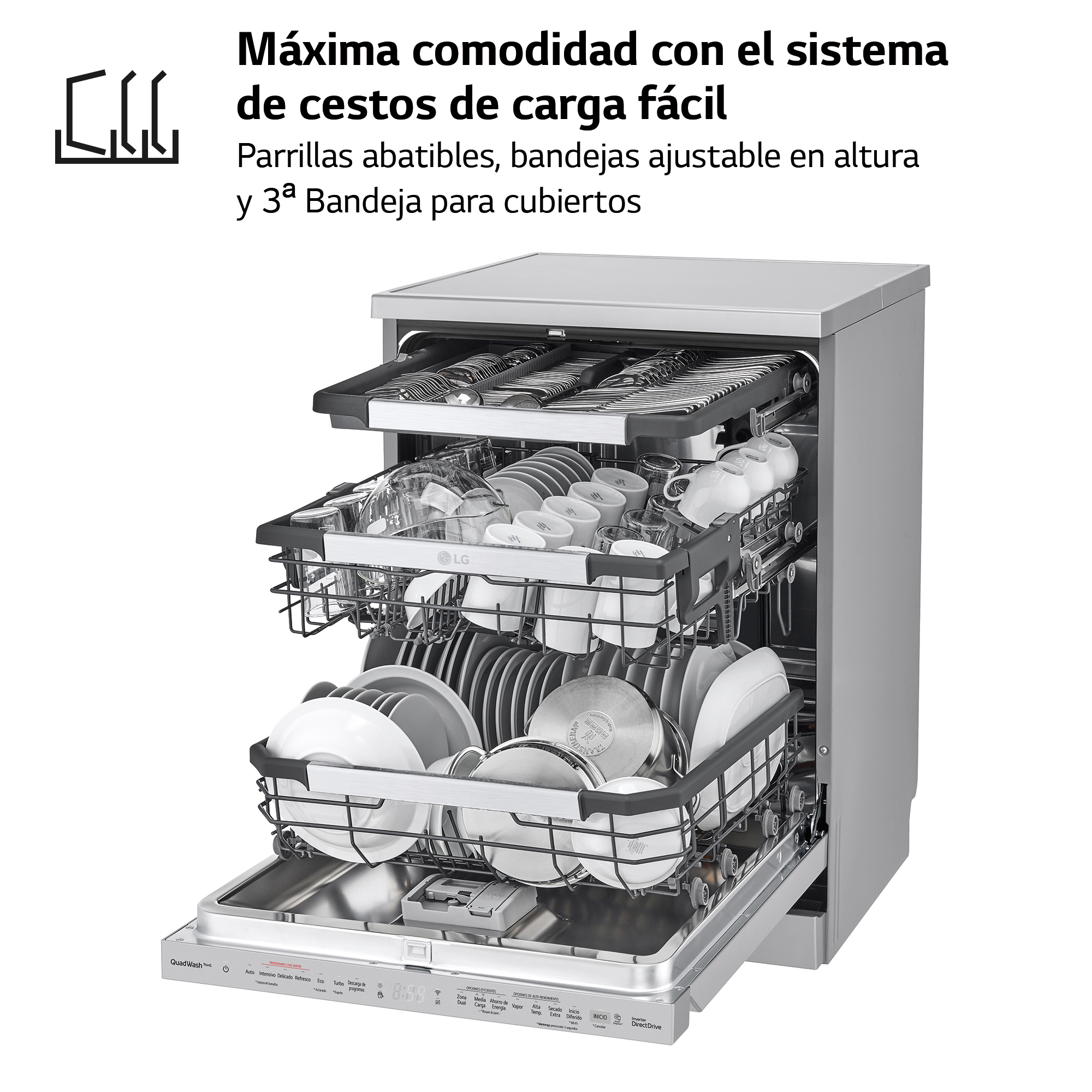 Lavavajillas con puerta abierta, lleno de platos y vasos, y texto.