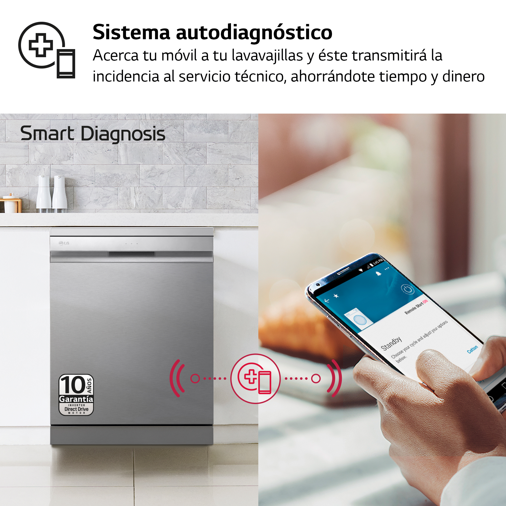 Un lavavajillas plateado con un teléfono y una mano con texto y un logo.