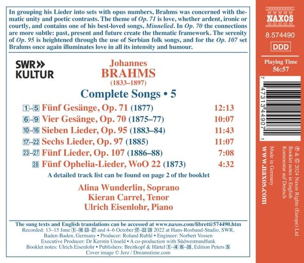 CD-Cover: Johannes Brahms Complete Songs 5 mit Trackliste und Interpreten.