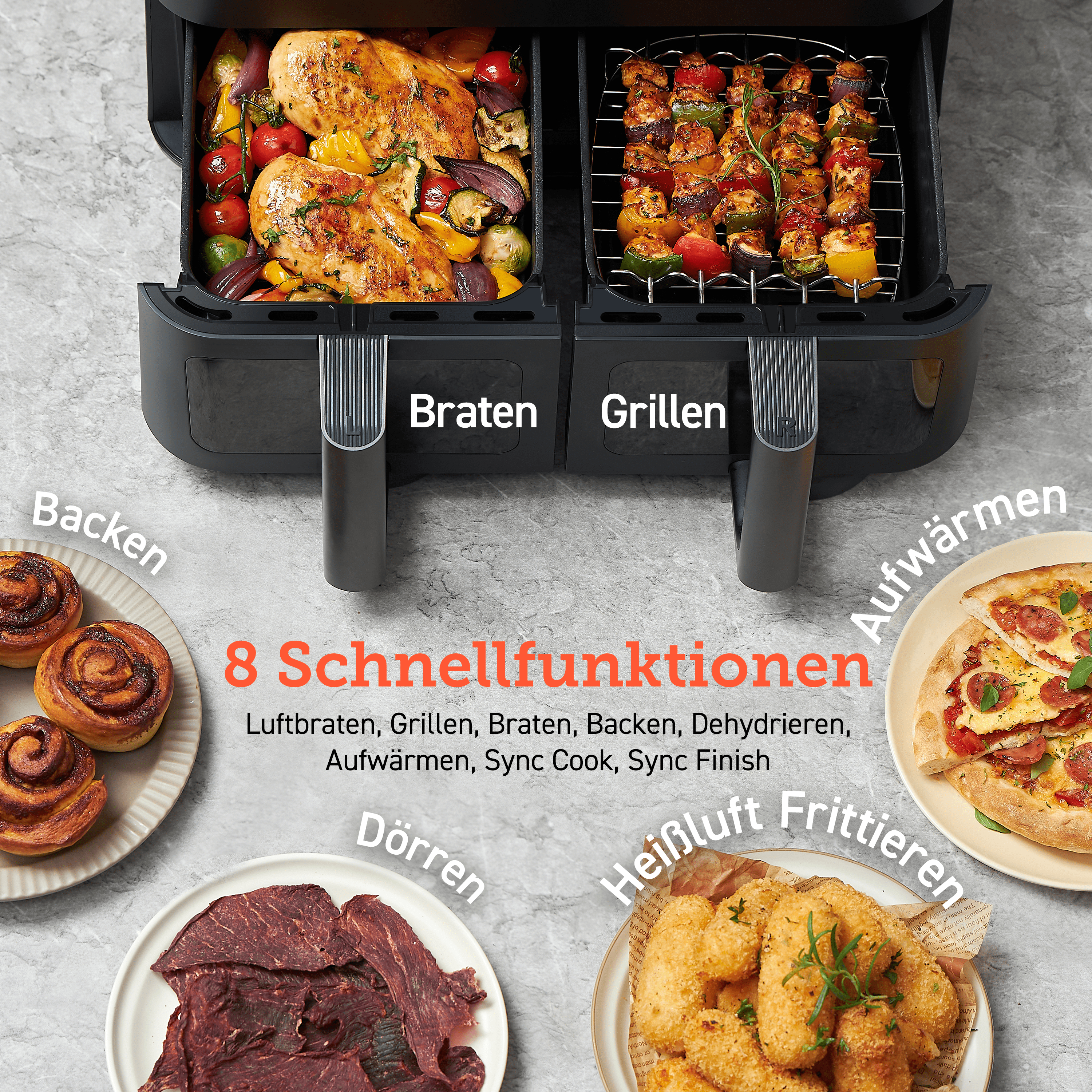 Eine Heißluftfritteuse mit Gerichten: Hähnchen, Spieße, Brötchen, Pizza, Dörrfleisch und Pommes.