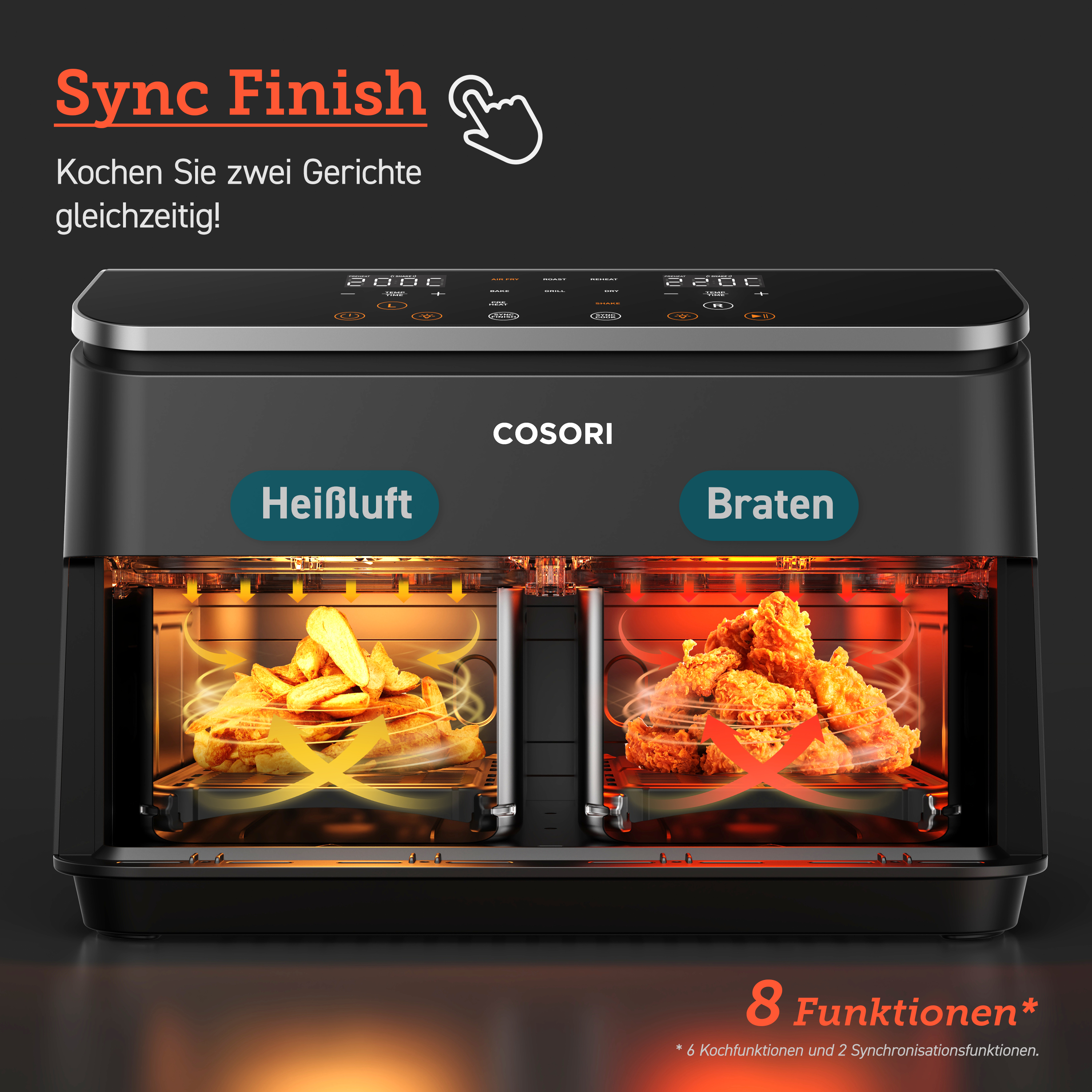 Cosori Heißluftfritteuse mit Essen darin. Pommes und Hähnchen.