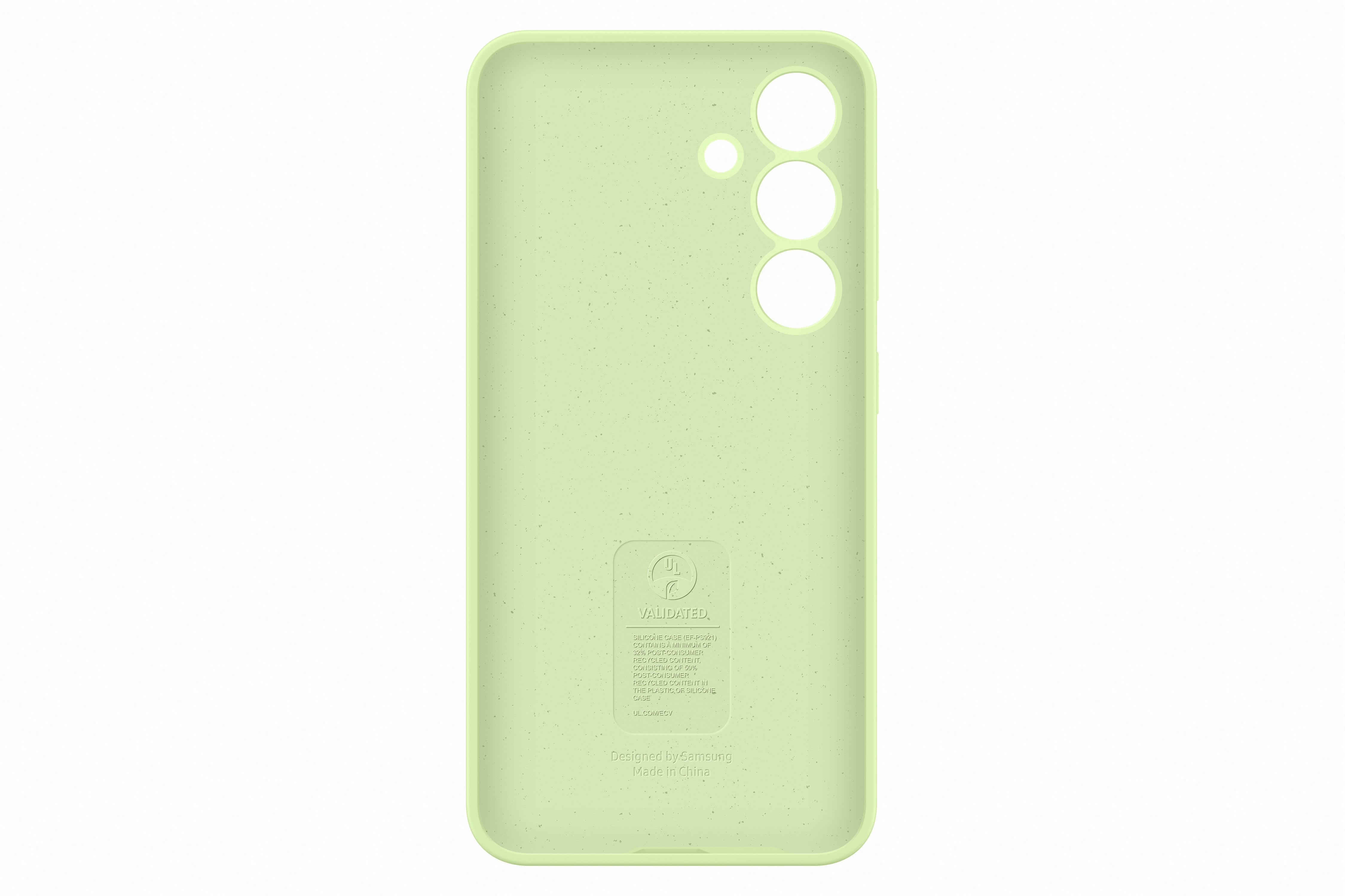 Üç kamera deliği ve bir logoya sahip açık yeşil bir telefon kılıfı.