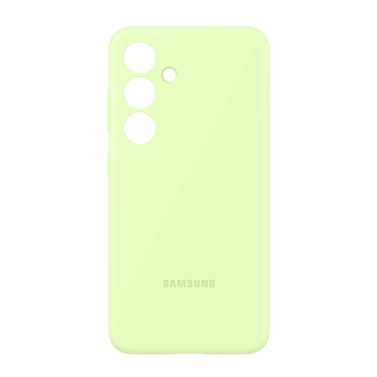 Siyah arka plan üzerinde kamera açıklıkları ve Samsung logosu olan açık yeşil telefon kılıfı.