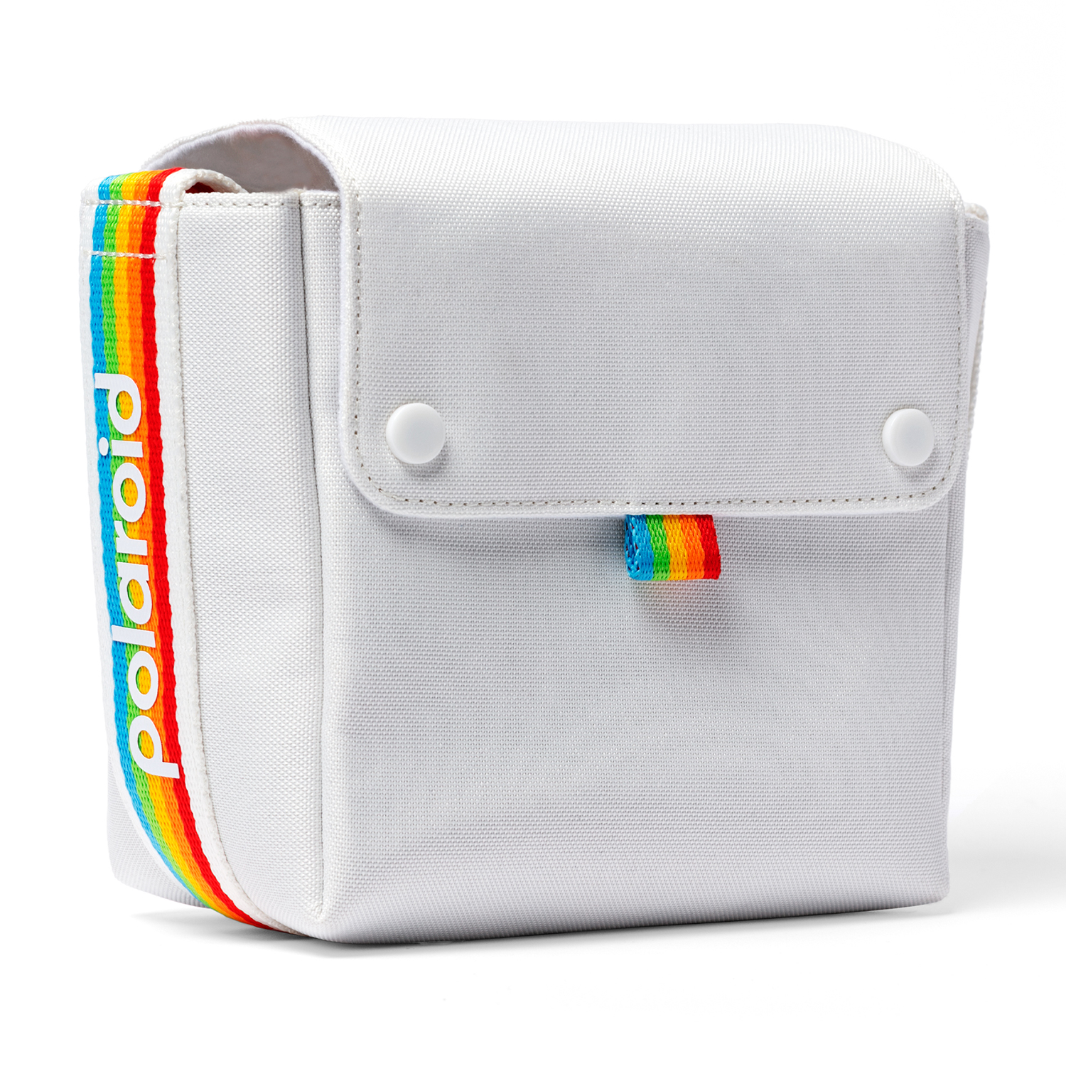 Custodia bianca per fotocamera Polaroid con striscia arcobaleno.