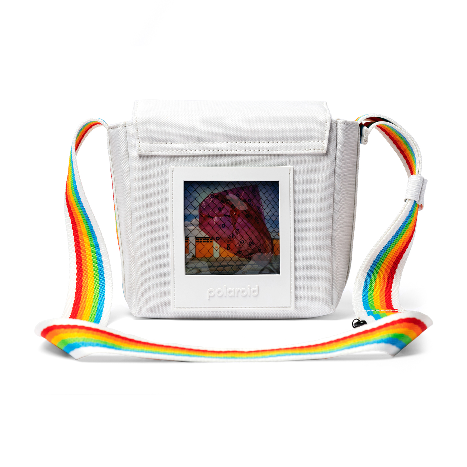 Borsa per fotocamera Polaroid bianca con tracolla arcobaleno e foto sul davanti.