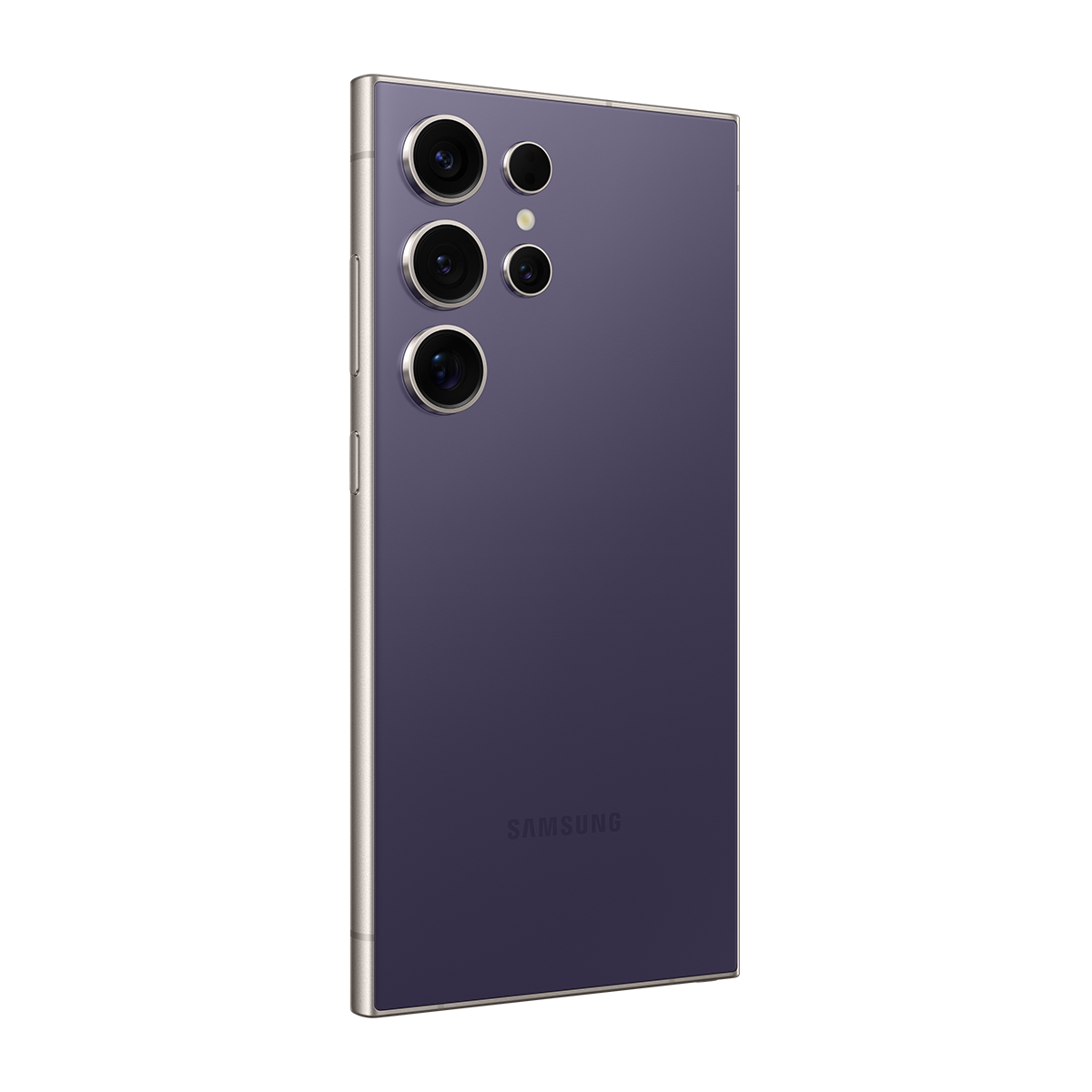 Kamera, Samsung logosu olan mor telefon arkası. Siyah arka plan.