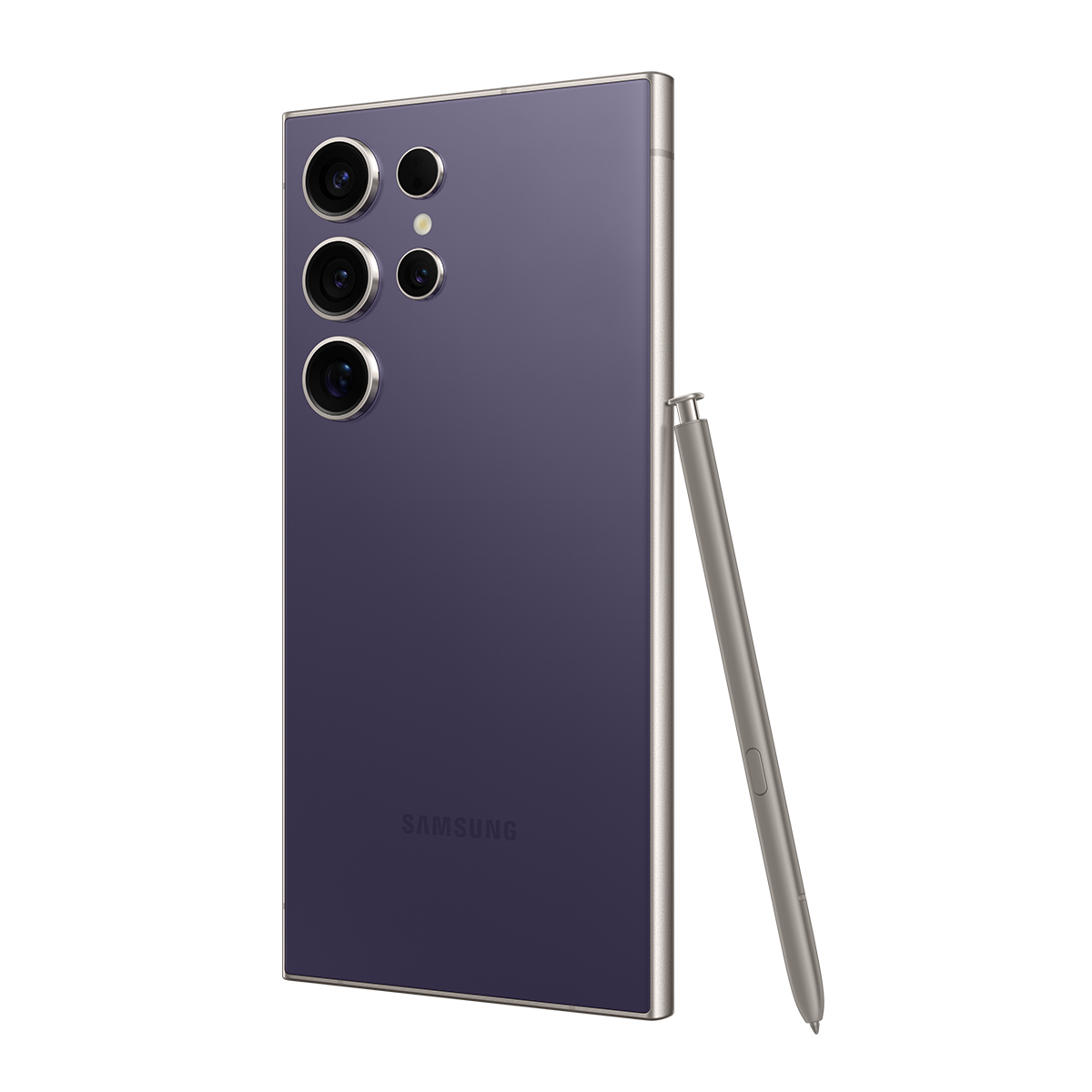 Mor Samsung telefon, çoklu kameralar, kalem.