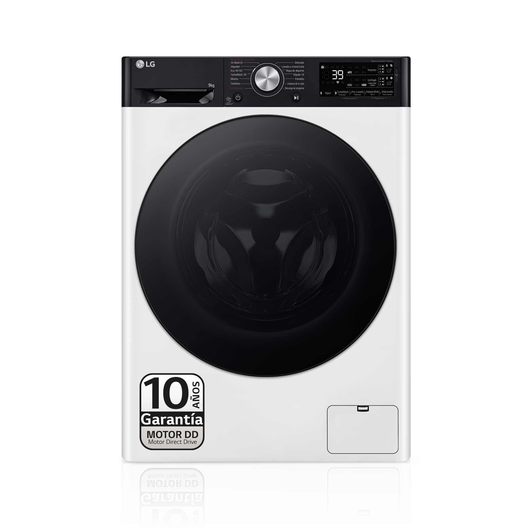 Lavadora LG blanca con puerta negra, panel de control y el nombre de la marca en la parte superior.