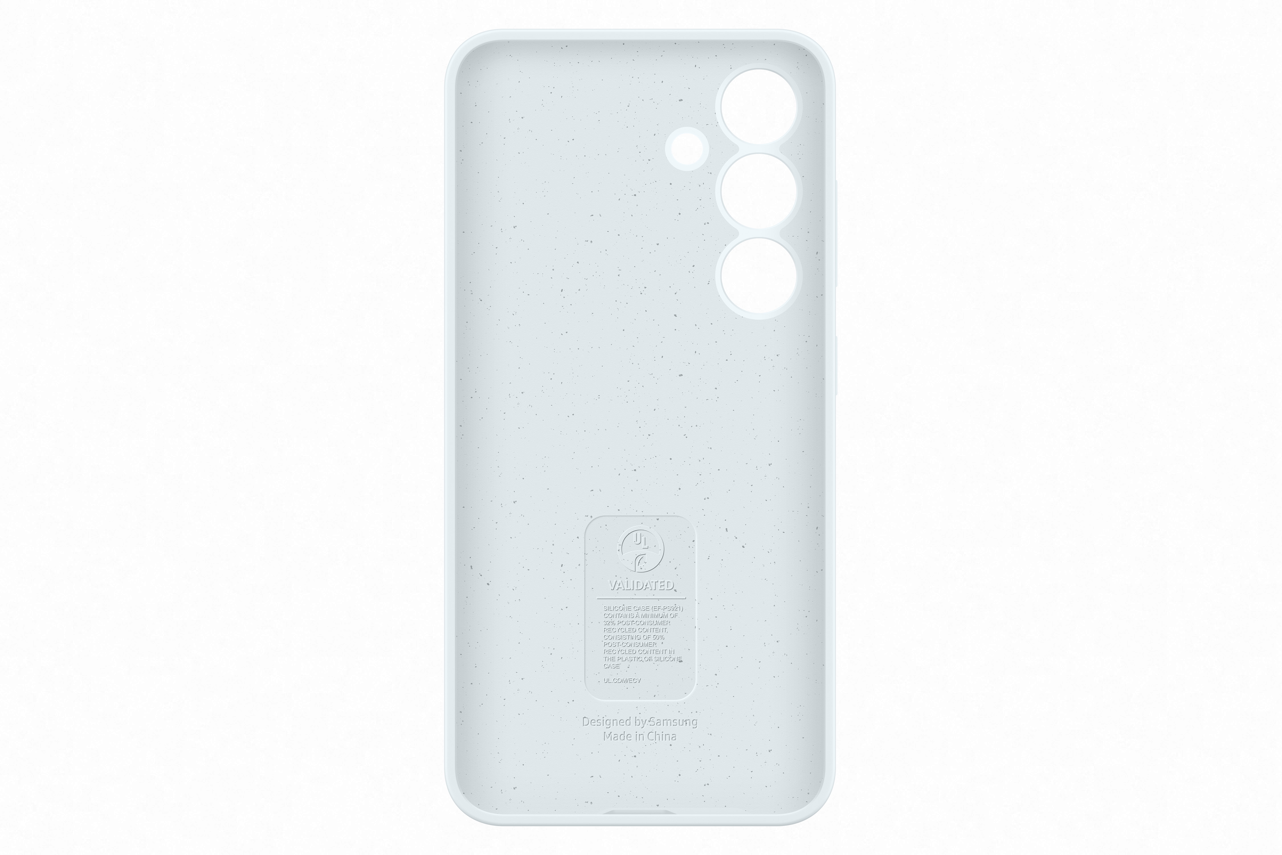 Soluk mavi telefon kılıfı. Bir logosu ve üç kamera deliği var. Arkası dokulu.