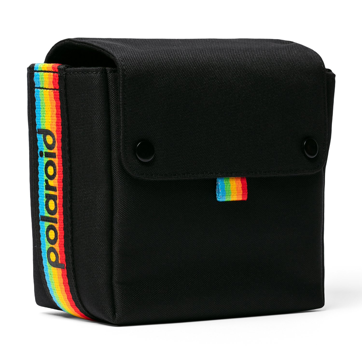 Una borsa per fotocamera Polaroid nera con una striscia arcobaleno sul lato e una piccola etichetta arcobaleno sulla patta.