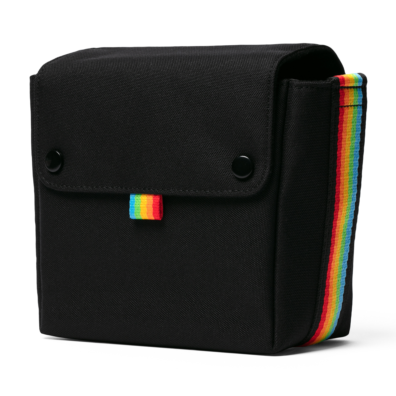 Borsa fotografica nera con dettaglio a strisce arcobaleno e due bottoni automatici neri.